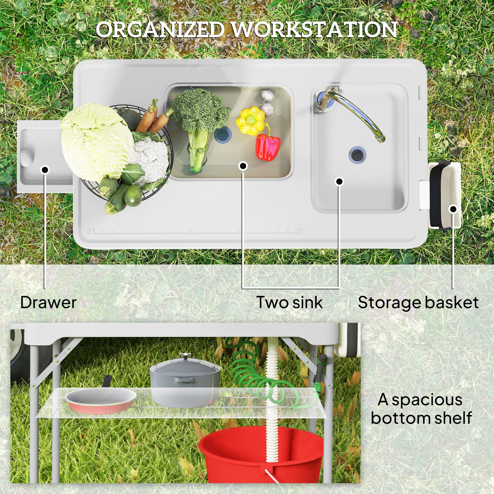 Folding Fish Cleaning Table with Sinks, Portable Camping Sink Table with Faucet, Drainage Hose, Sprayer, Shelf, Drawer and Storage Basket, Outdoor Fillet Table for Picnic Beach Patio, Gray