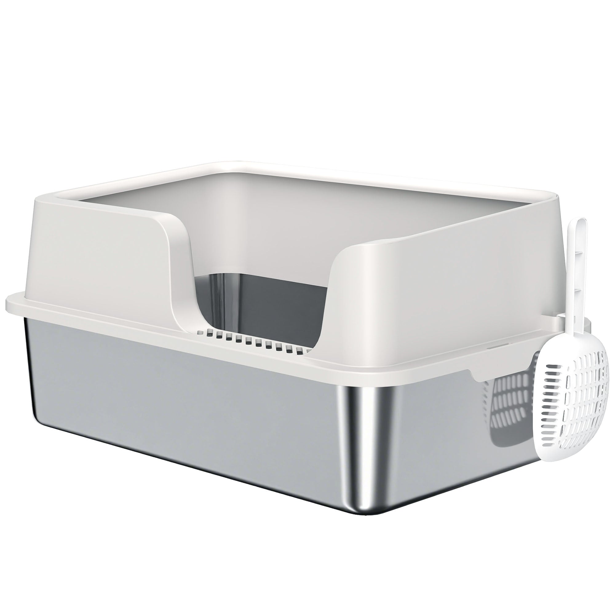 Stainless Steel Litter Box with High Side, Scoop, Easy Cleaning & Anti-Urine Leakage, for Big Cats, Light Gray - Light Gray