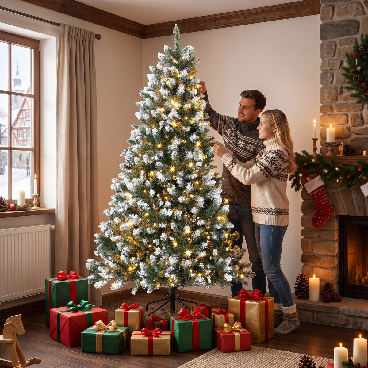 7.5ft Pre-lit Artificial Christmas Tree White-Tipped Hinged Full Xmas Tree with 1378 Tips