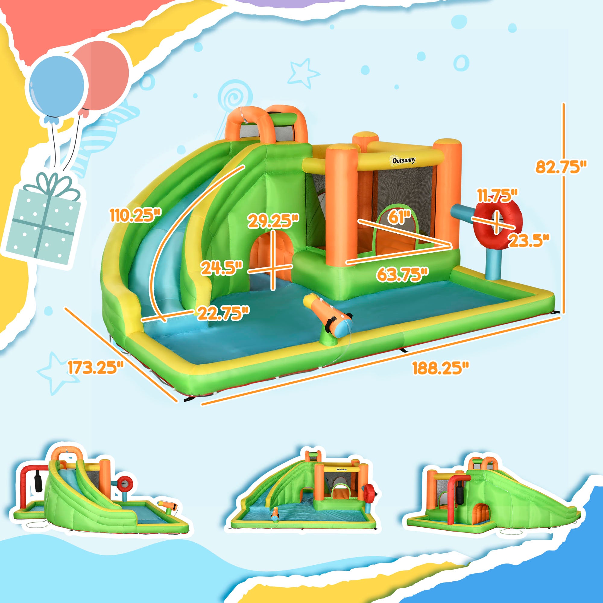 7-in-1 Inflatable Water Slide, Kids Castle Bounce House Includes Slide, trampoline, Pool, Water Cannon, Ball-target, Boxing Post, Tunnel with Carry Bag, Repair Patches, 750W Air Blower