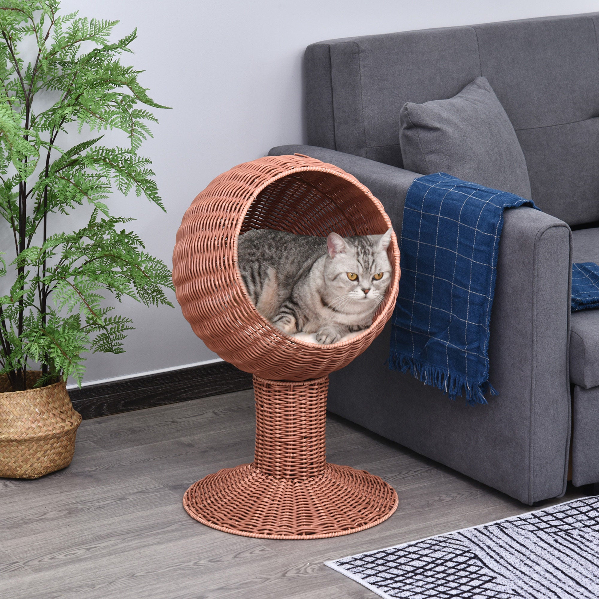 Elevated Cat Bed with Rotatable Egg Chair Pod, Cat Basket Bed with Thick Cushion, Natural Mat Grass Woven Kitty House, Brown - Brown - Image 2