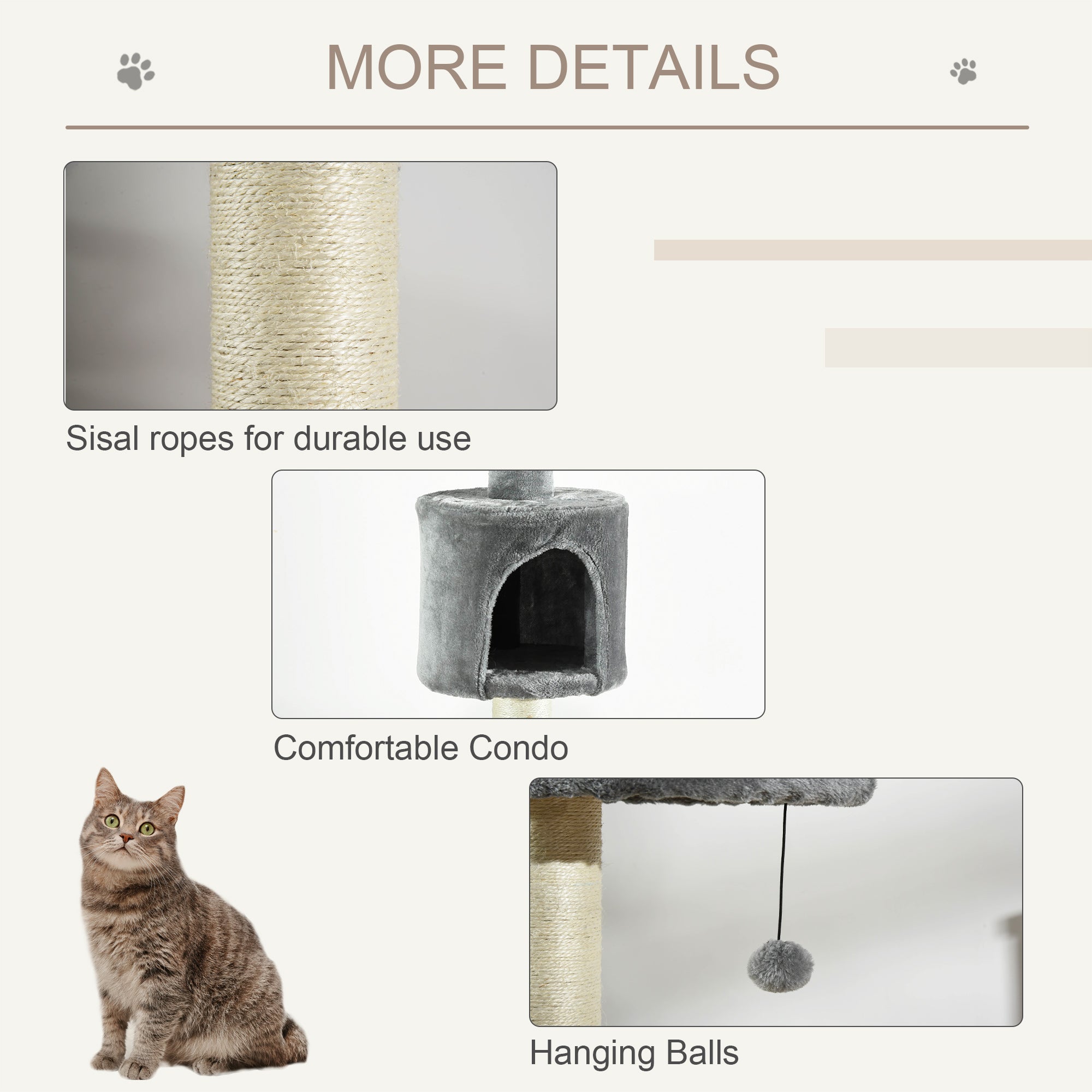 85.5" Cat Tree Height Adjustable Floor-to-Ceiling 4-Tier Kitty Climbing Activity Center Condo Cat Toy with Scratching Post Hanging Balls Play Rest Post Pet Furniture Grey - Light grey - Image 6
