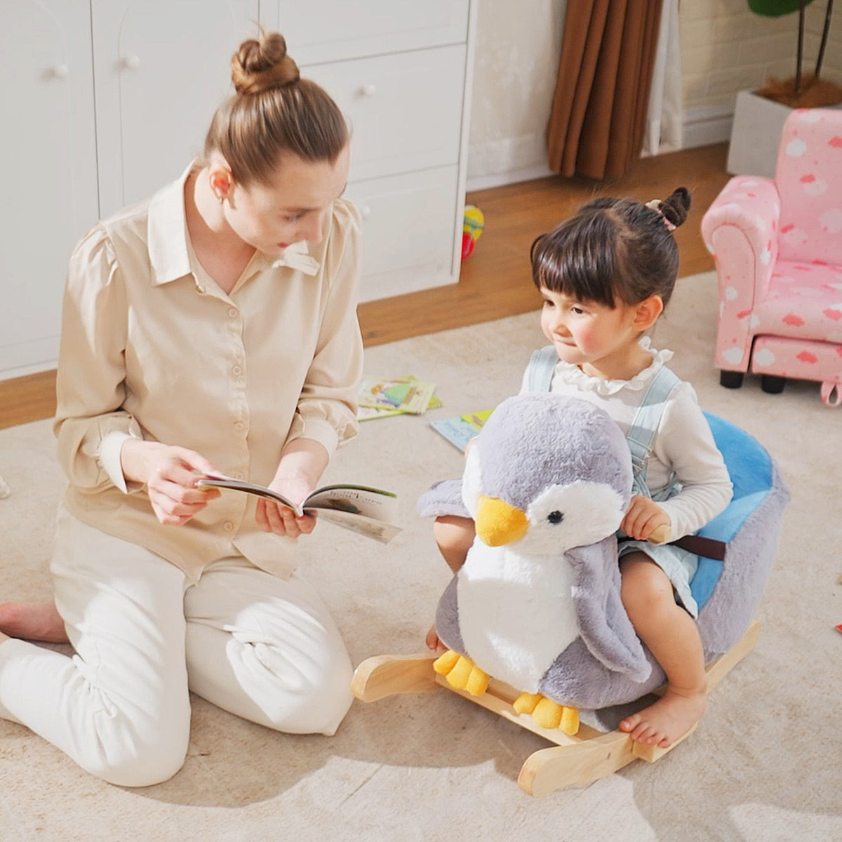 Baby Rocking Horse Gray Penguin, Kid Ride On Toy for 18 Months+, with Music, Seat Belt, for Boys and Girls Gift, Gray