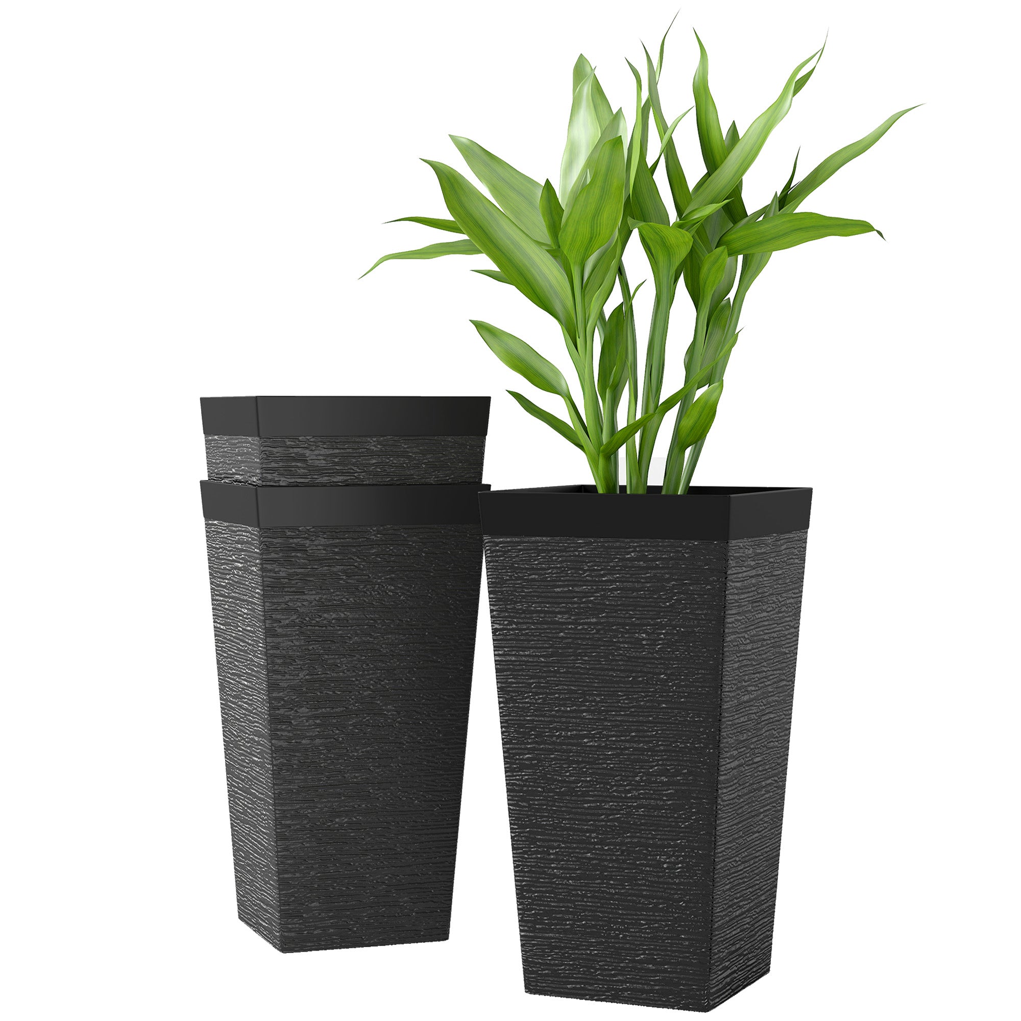 22.8 Inch Set of 3 Outdoor Planters with Stone Finish and Wheels, Stackable Tapered Planters with Drainage Hole, Black - Black
