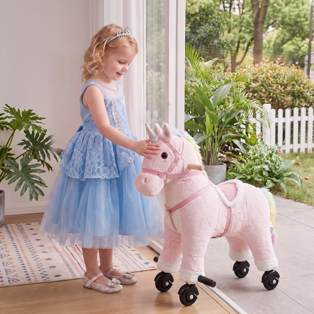 Ride on Horse for Kids 2-5 Years, 22 Inch Height Plush Ride On Pony with Wheels and Sounds for Active Play, Pink