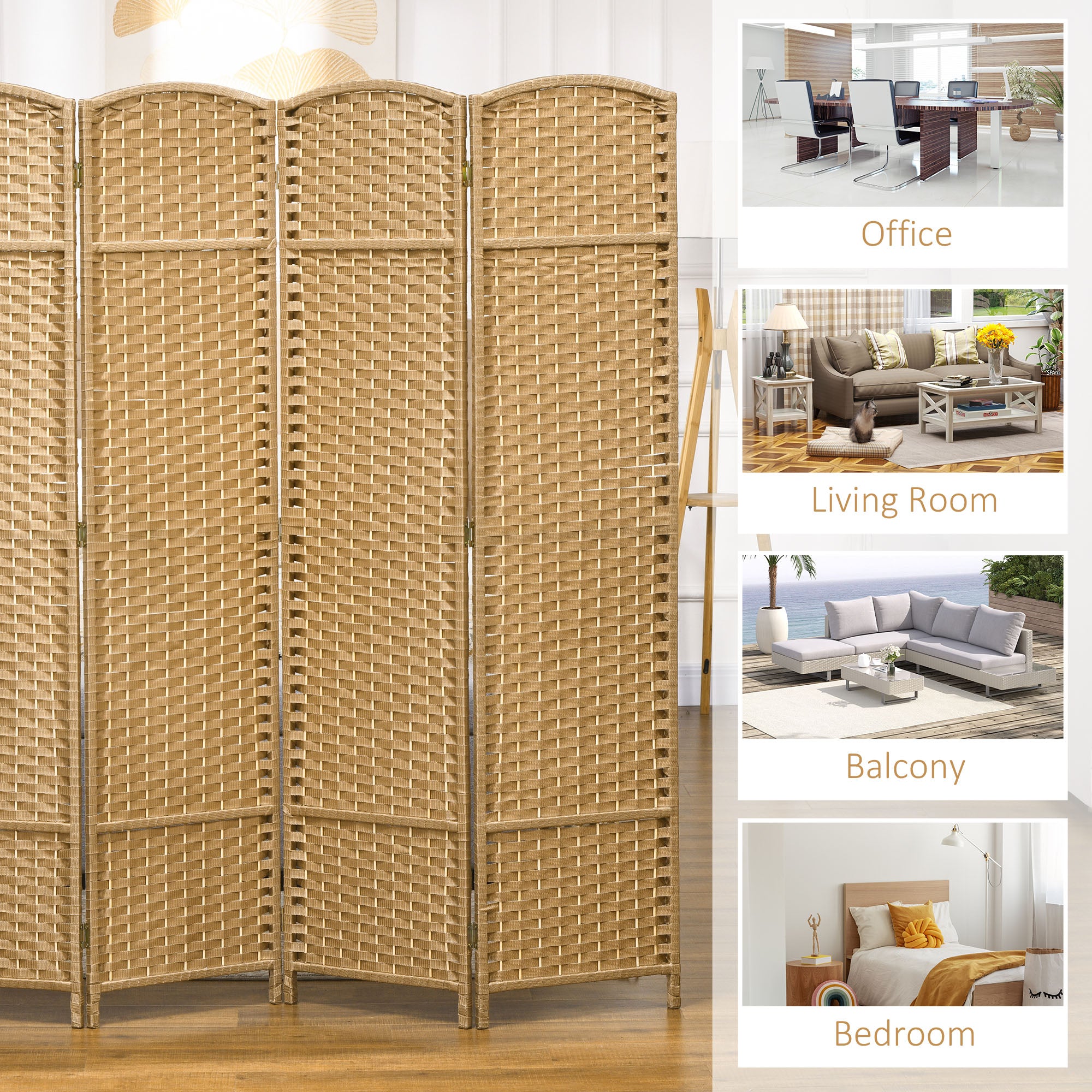Folding Room Divider Screen 4 Panel 5.6 ' Tall Privacy Screen Freestanding Room Partition for Home Office, Nature Wood