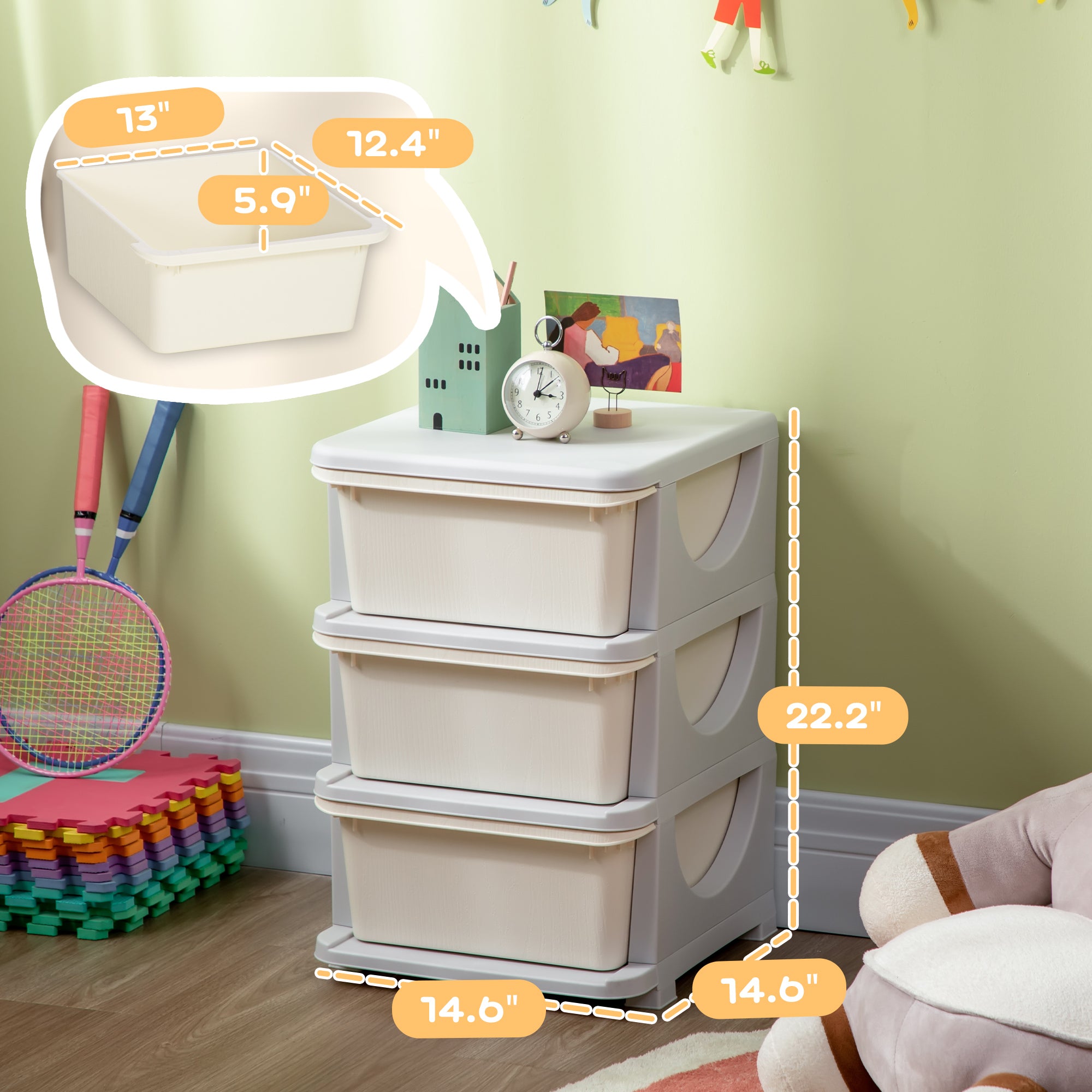 3 Tier Kids Storage Unit, Toy Organizers and Storage with 3 Drawer Chest for Kids Bedroom Nursery Kindergarten Living Room for Boys Girls Toddlers, Cream White