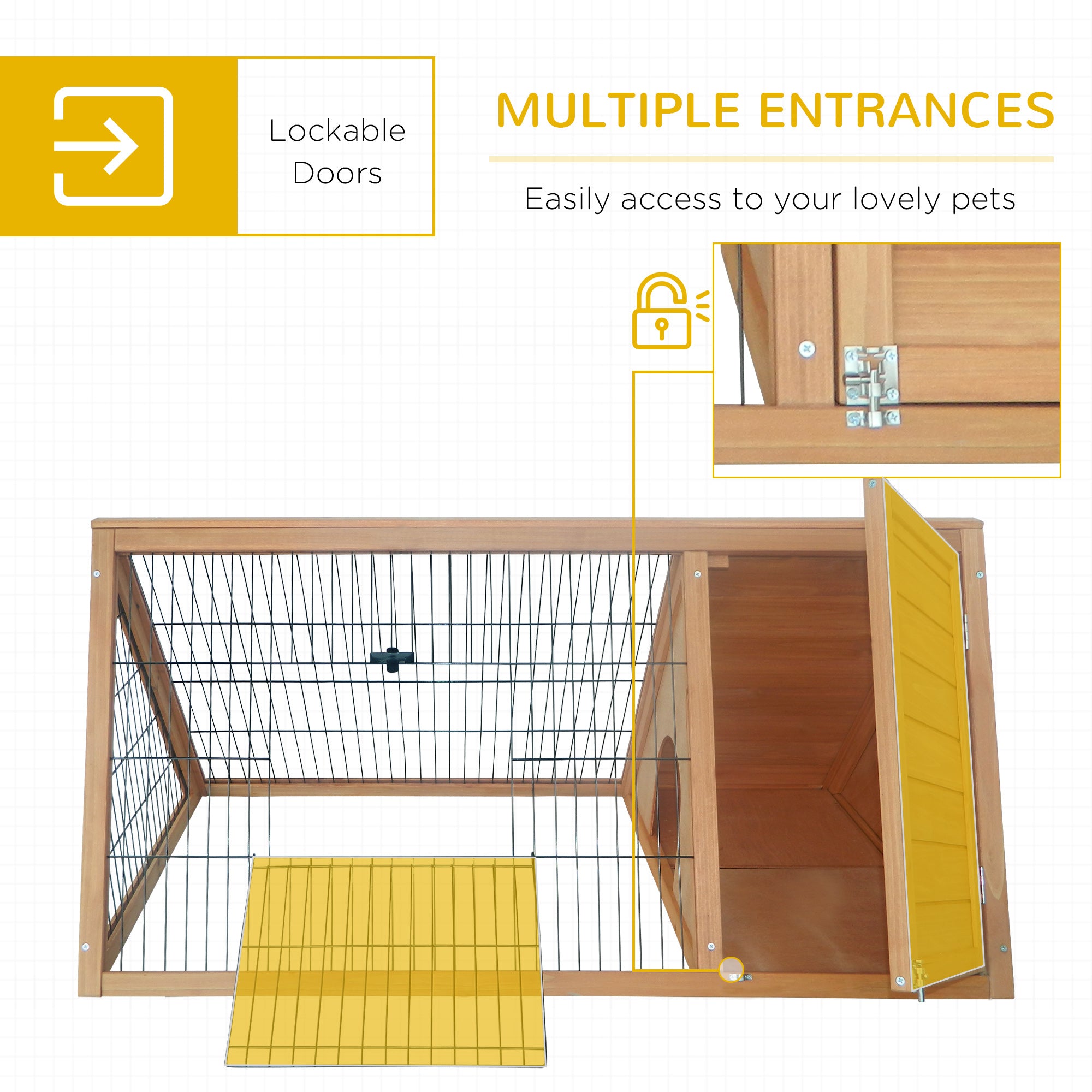 46" x 24" Wooden A-Frame Outdoor Rabbit Hutch, Small Animal Cage, Bunny Hutch with Outside Run & Ventilating Wire, for Rabbits, Chickens, Ducks, Yellow - Yellow - Image 5