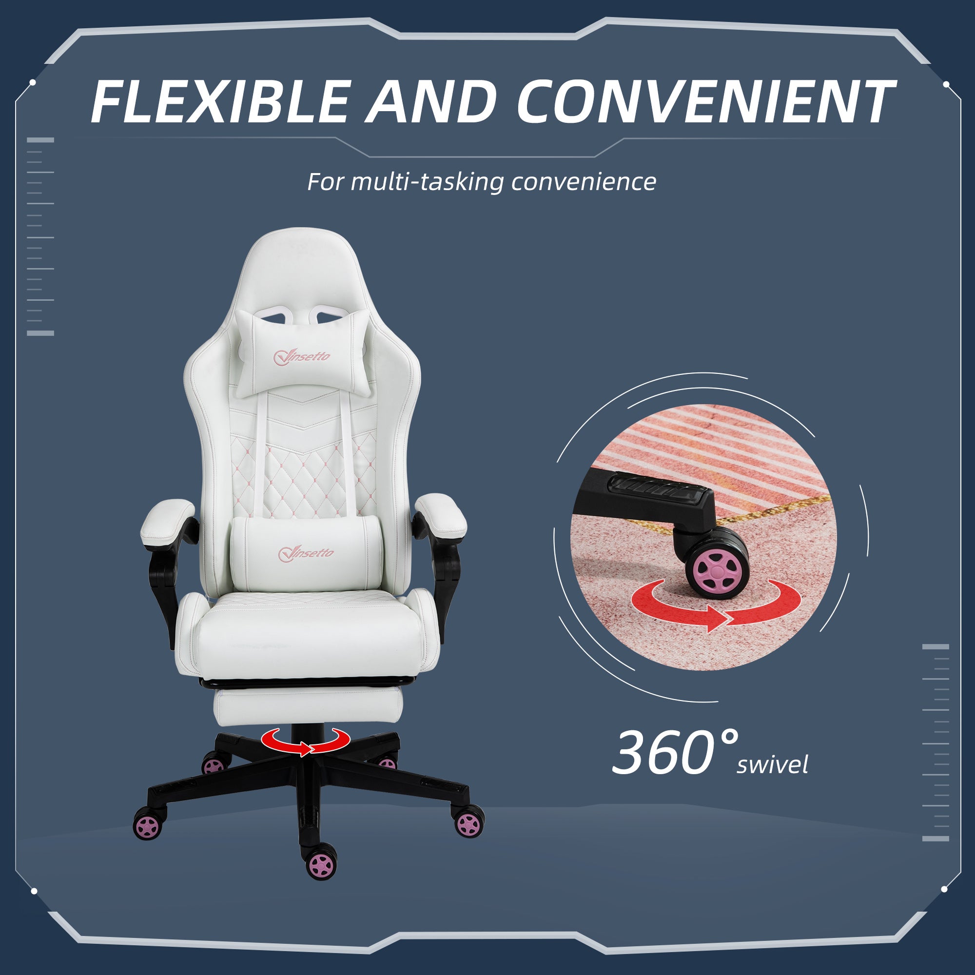 High Back PU Leather Gaming Chair, Racing Computer Chair with Swivel Wheels, Retractable Footrest, Headrest, Lumbar Support, and Armrest, White and Pink