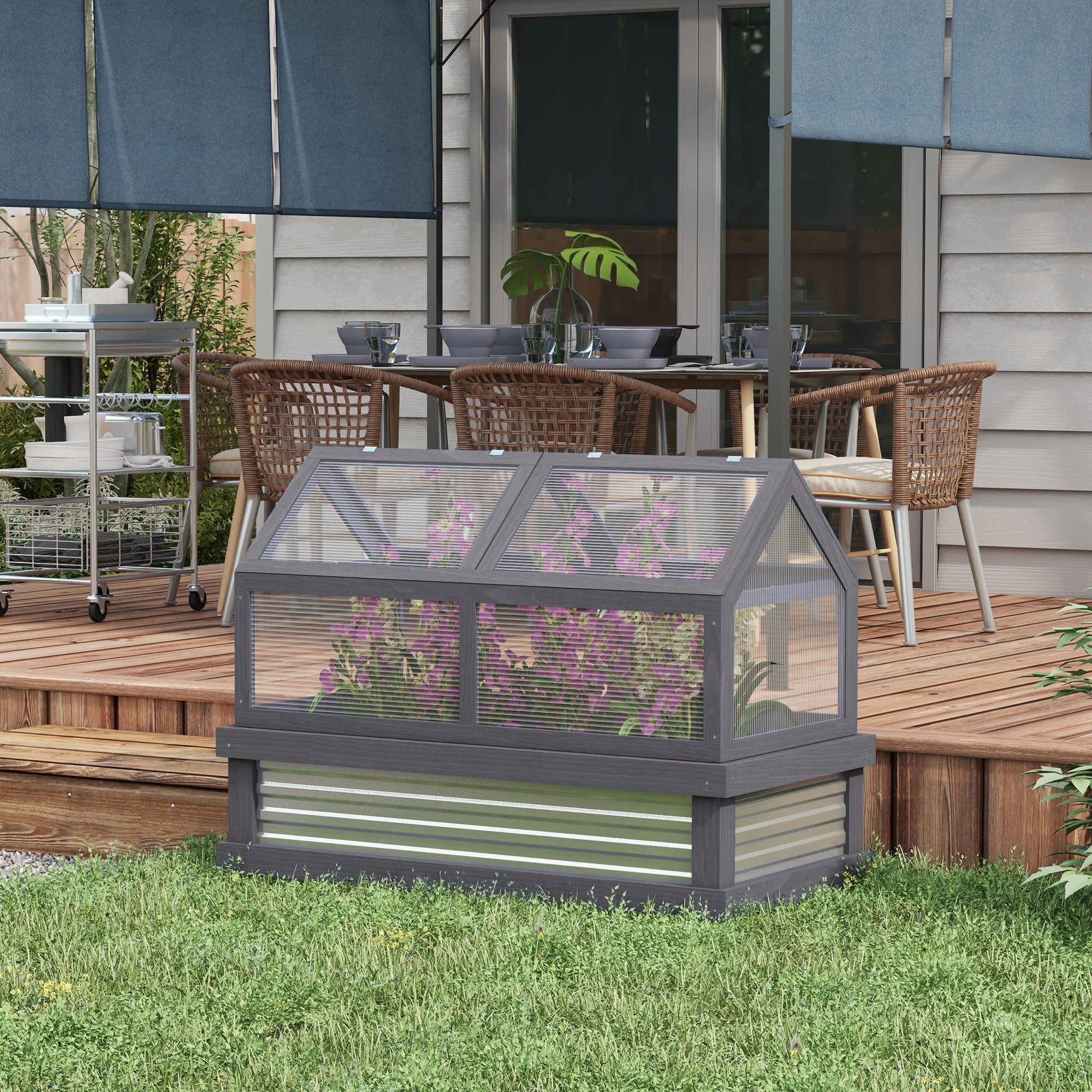 Raised Garden Flower Bed Kit w/ Greenhouse, Wooden Cold Frame Planter, Gray - Gray - Image 2