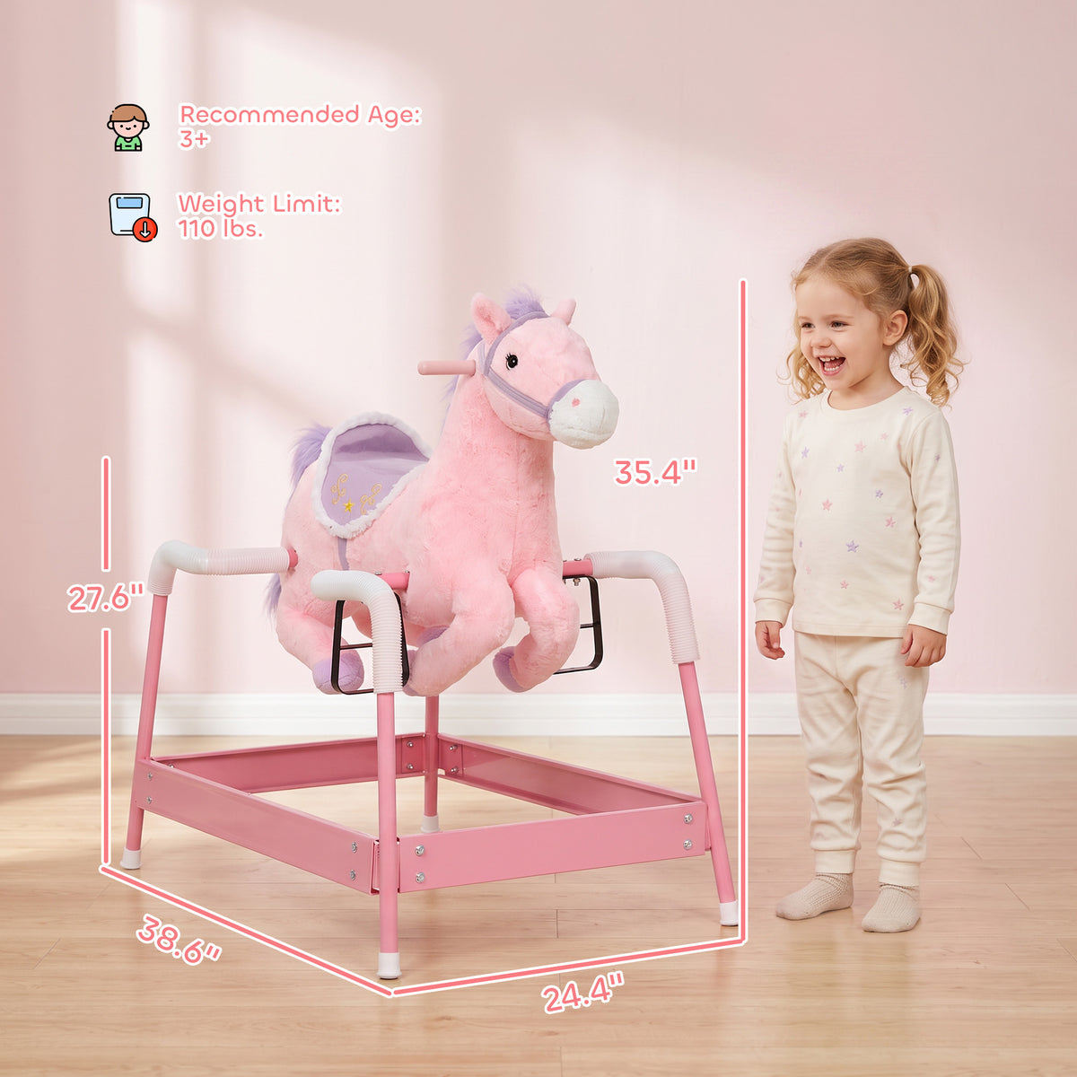Kids Spring Rocking Horse, Ride on Horse with Neighing Sounds, Plush Animal Ride on Toy for Ages 3+ Years, Pink