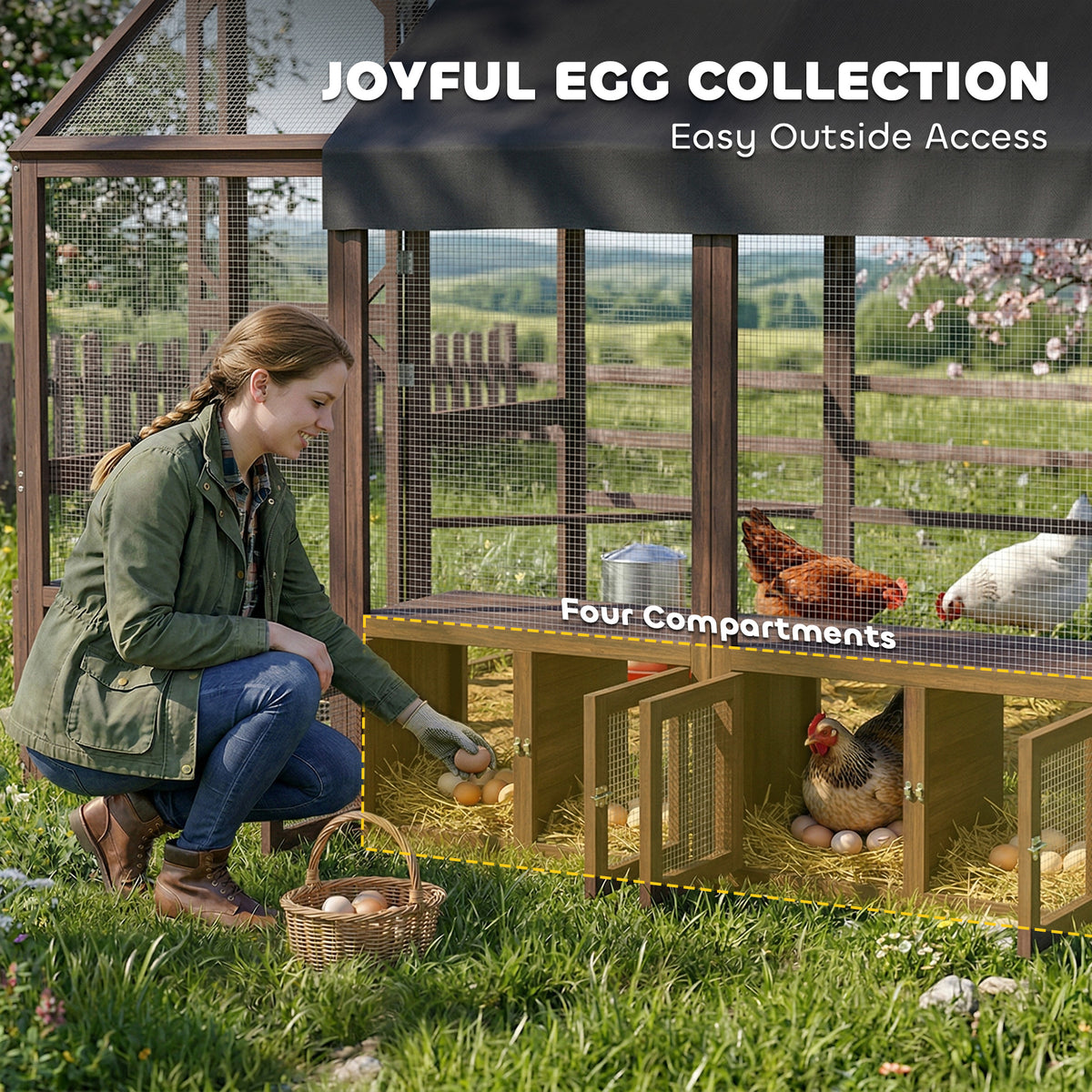 Large Wooden Chicken Coop for 8-10 Hens, Walk-in Chicken Run with Waterproof Cover, Nesting Boxes and Perches