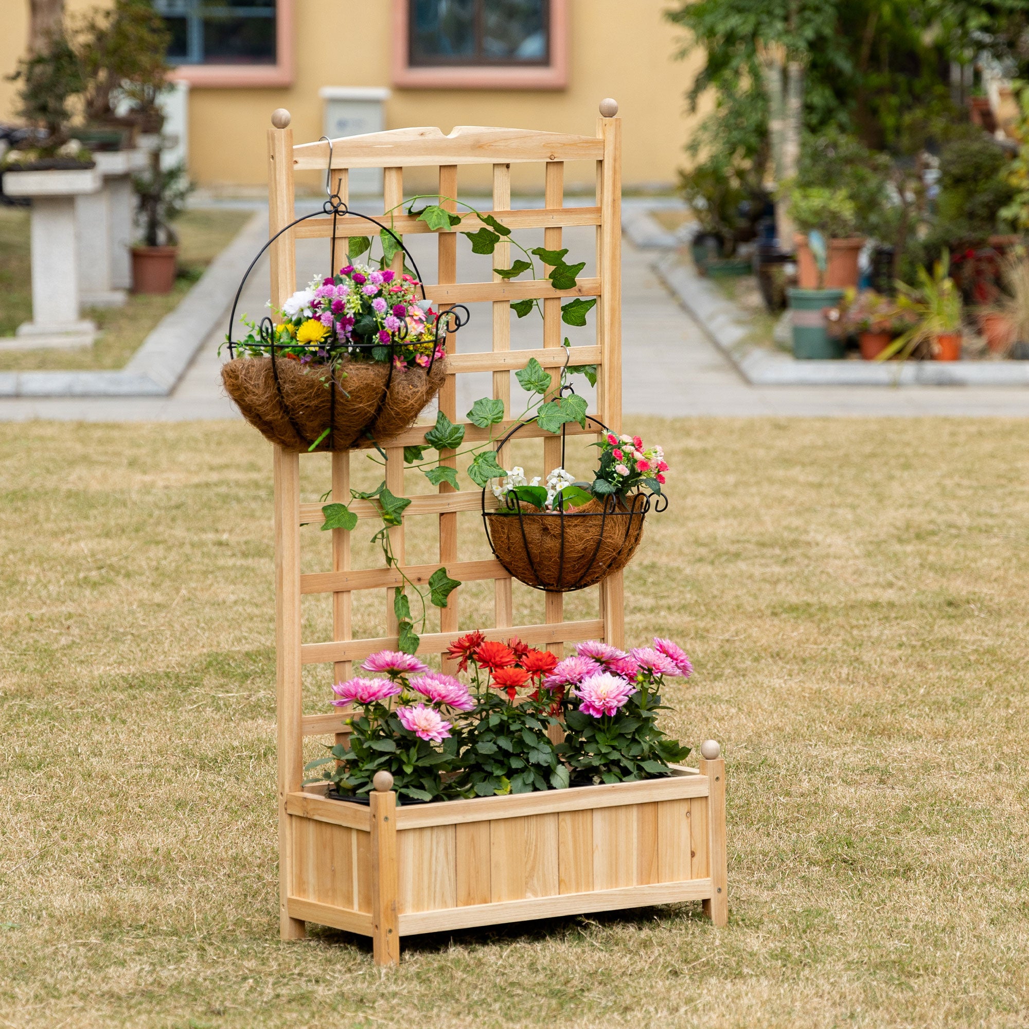 Wooden Raised Garden Bed with Trellis, Outdoor Planter Box with Drainage Crevices for Climbing Vine Plants Flowers, 24" x 12" x 49" - Natural - Image 2