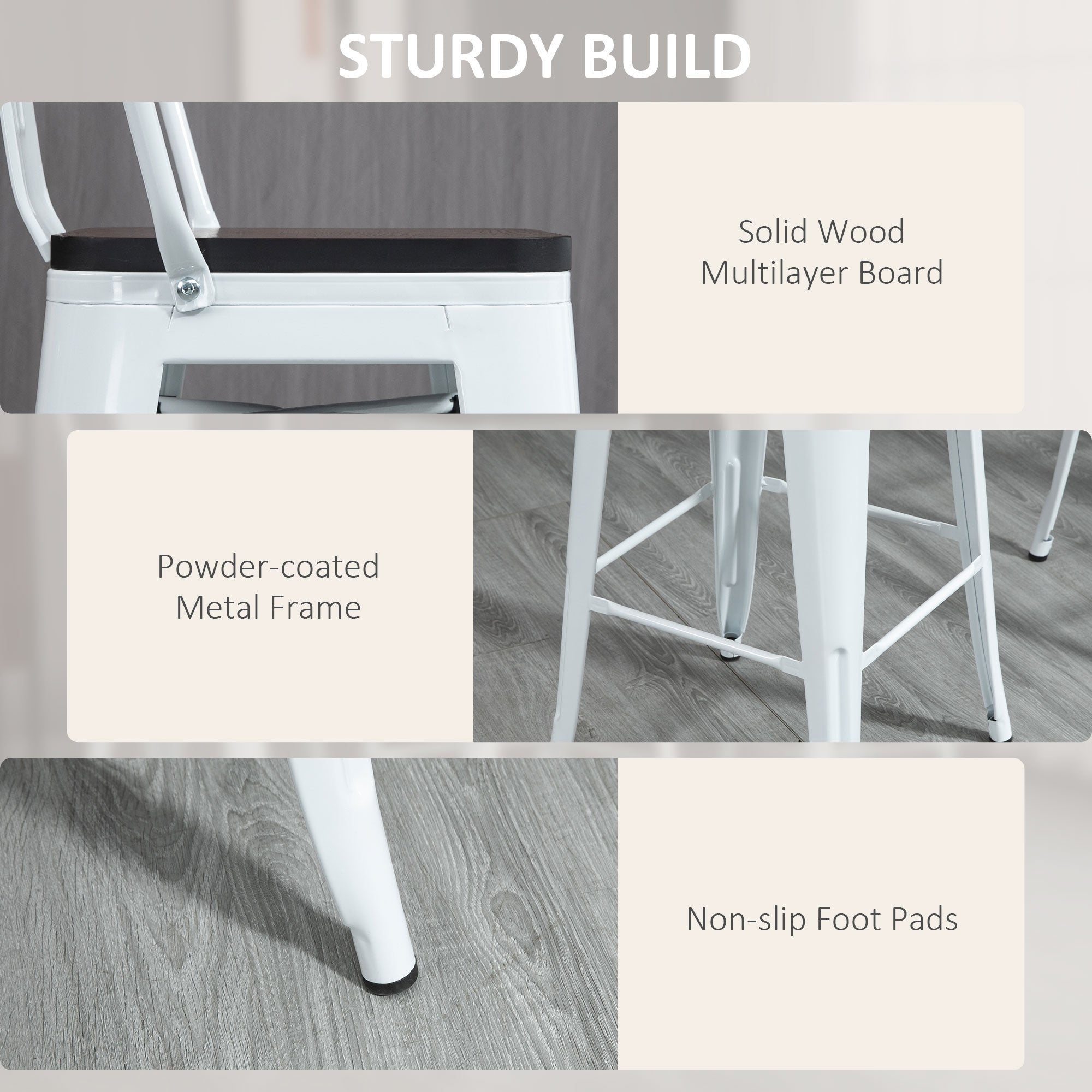 3 Piece Industrial Dining Table Set, Bar Height Bar Table and Chairs Set with Footrests for Bistro, White and Brown