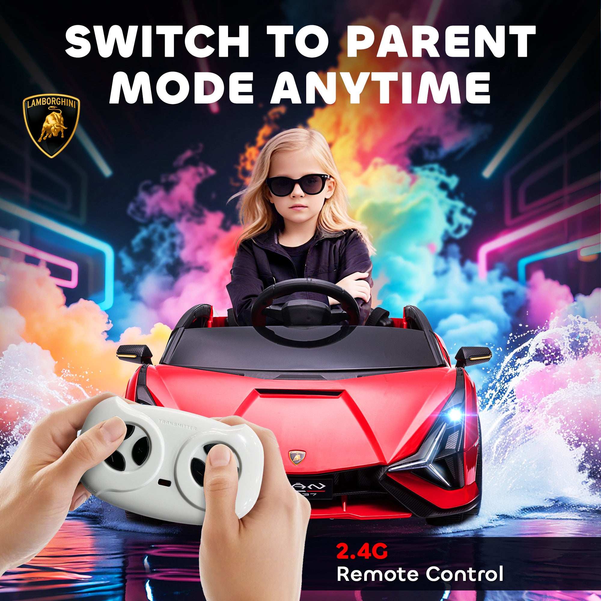 12V Lamborghini SIAN Licensed Electric Car for kids with Remote Control, Horn, Music, & Headlights, Red