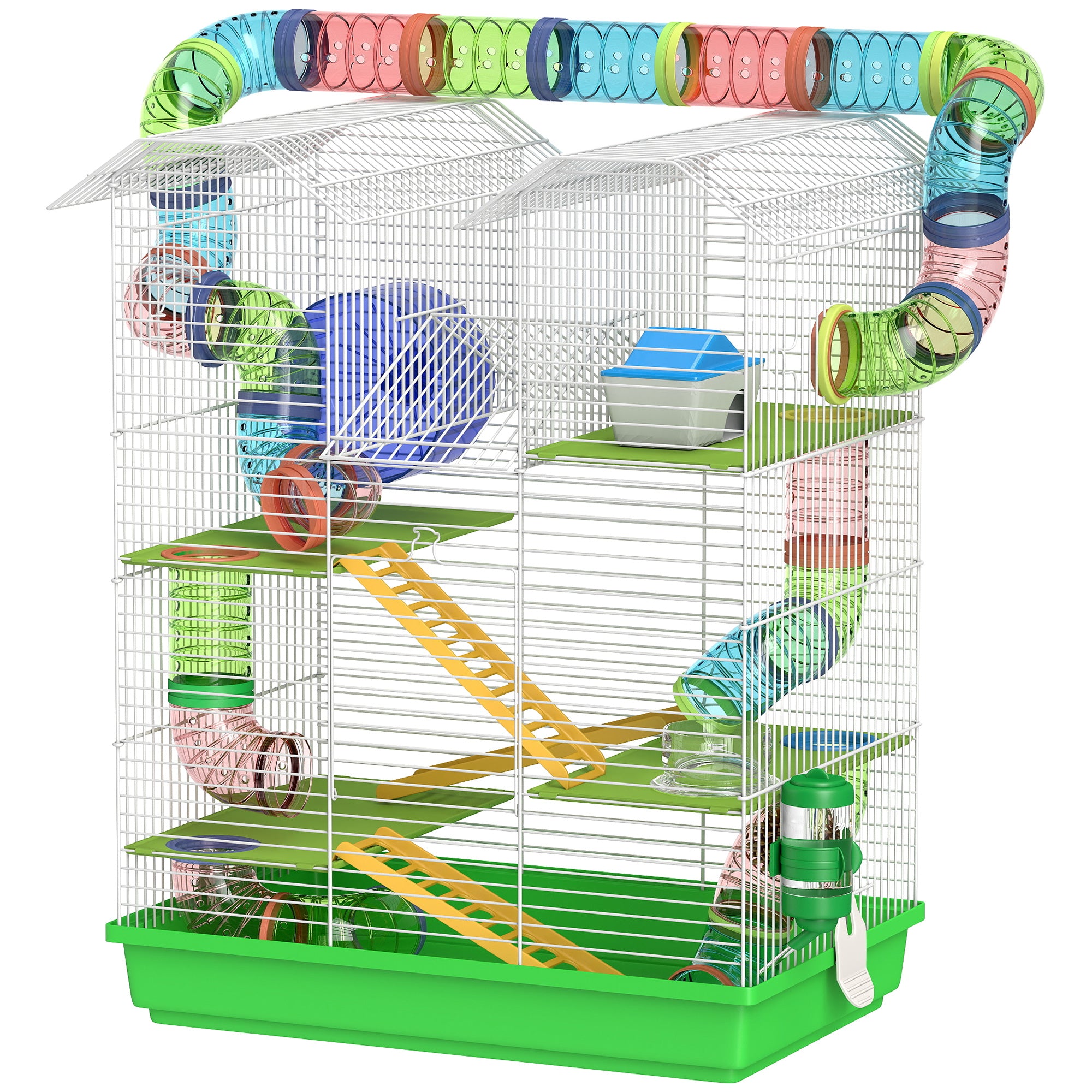 18.5" 5 Tier Hamster Cage with Tubes and Tunnels, Small Animal Cage, Rat Gerbil Cage with Water Bottle, Food Dish, Exercise Wheel, Green - Green