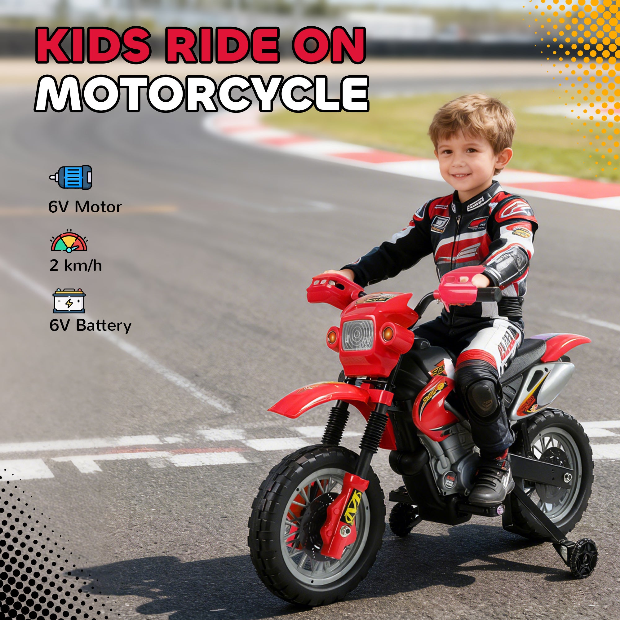 6V Kids Motorcycle, Electric Motorcycle with Dirt Bike Style, Street Bike Design Battery Powered Ride On Toy with Training Wheels, Headlight, Music, Ages 5-8, Red