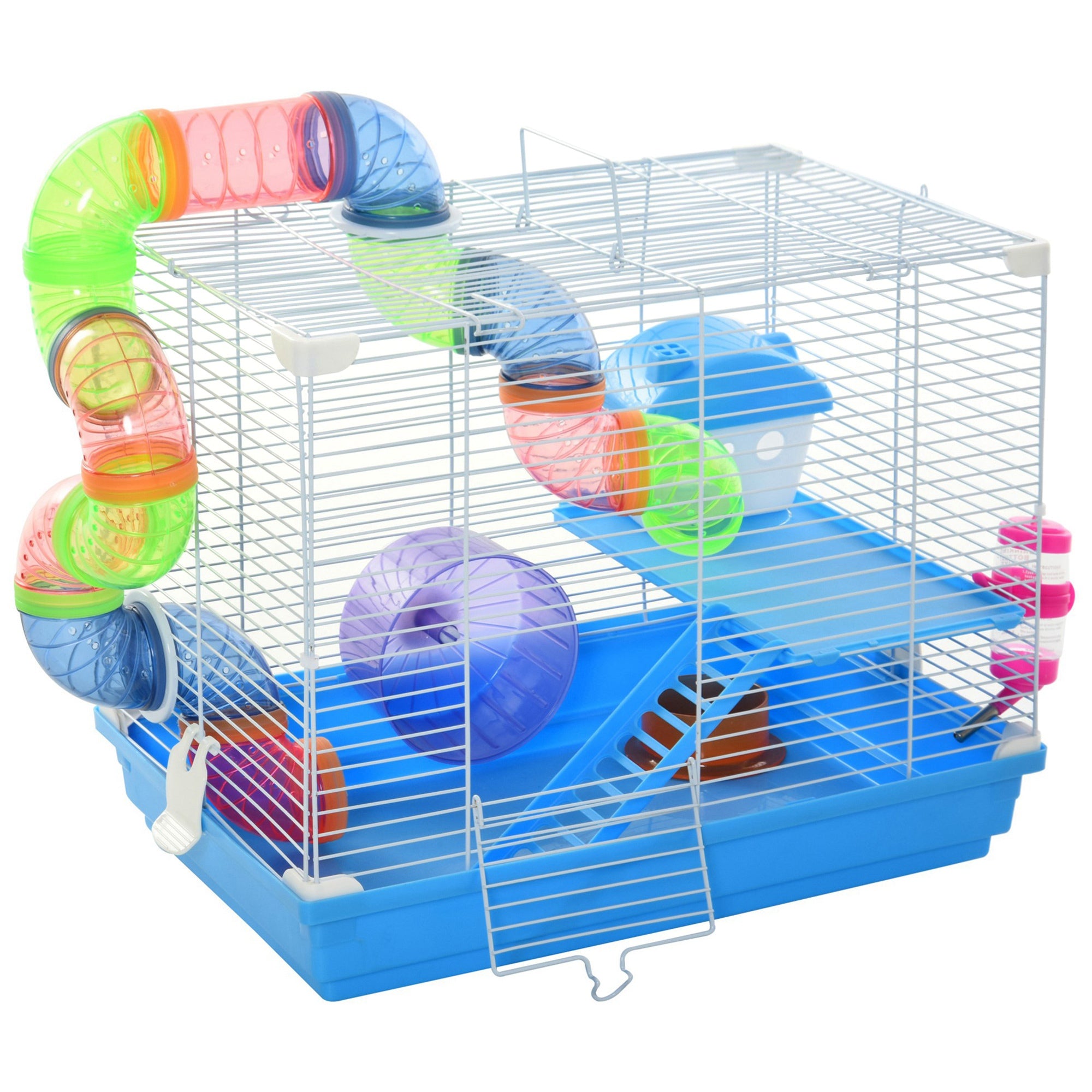 2-Level Hamster Cage Rodent Gerbil House Mouse Mice Rat Habitat Metal Wire with Exercise Wheel, Play Tubes, Water Bottle, Food Dishes, & Interior Ladder - Blue