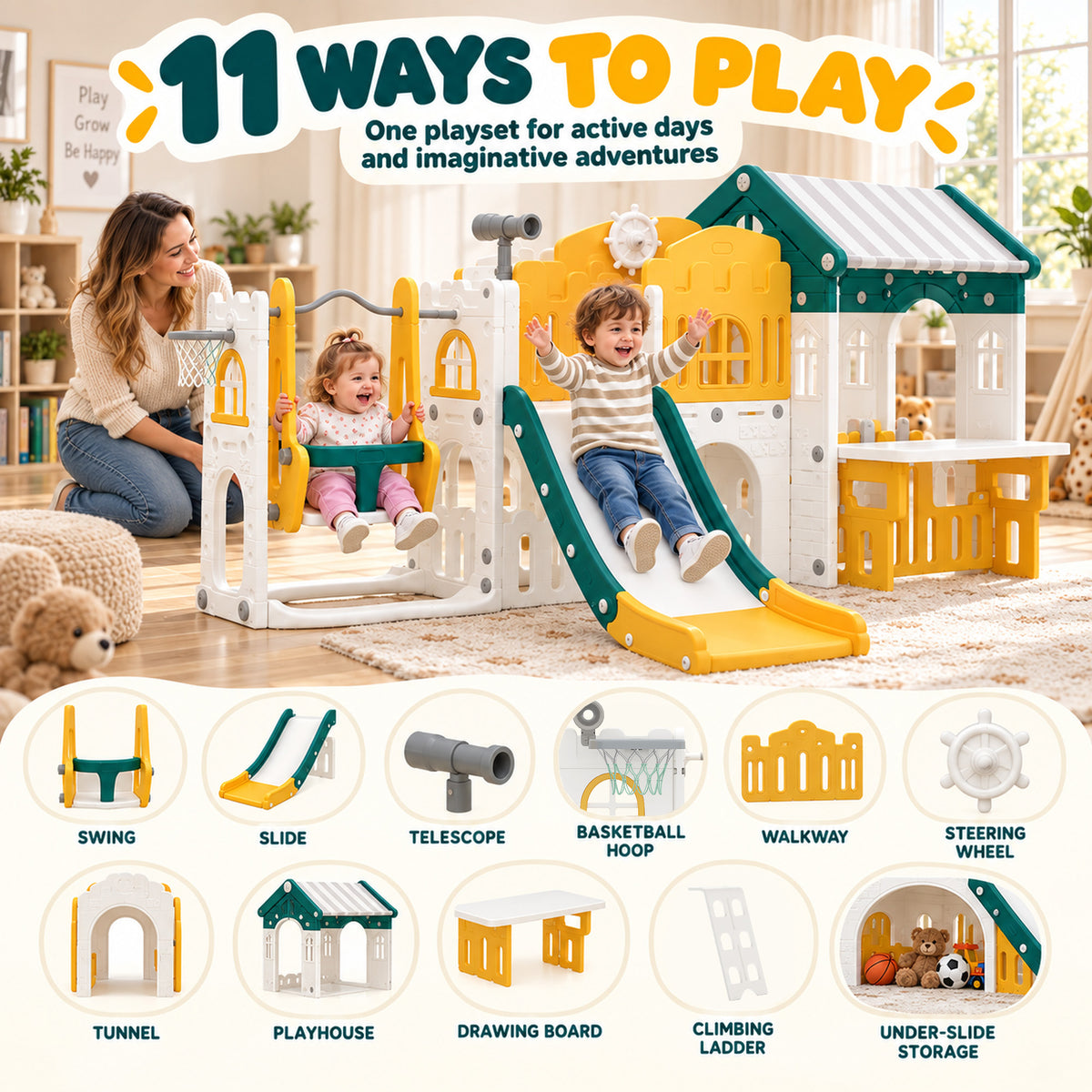 11 in 1 Toddler Slide and Swing Set w/ Playhouse, Kids Slide Playset Indoor Playground for 1-4 Years, Yellow
