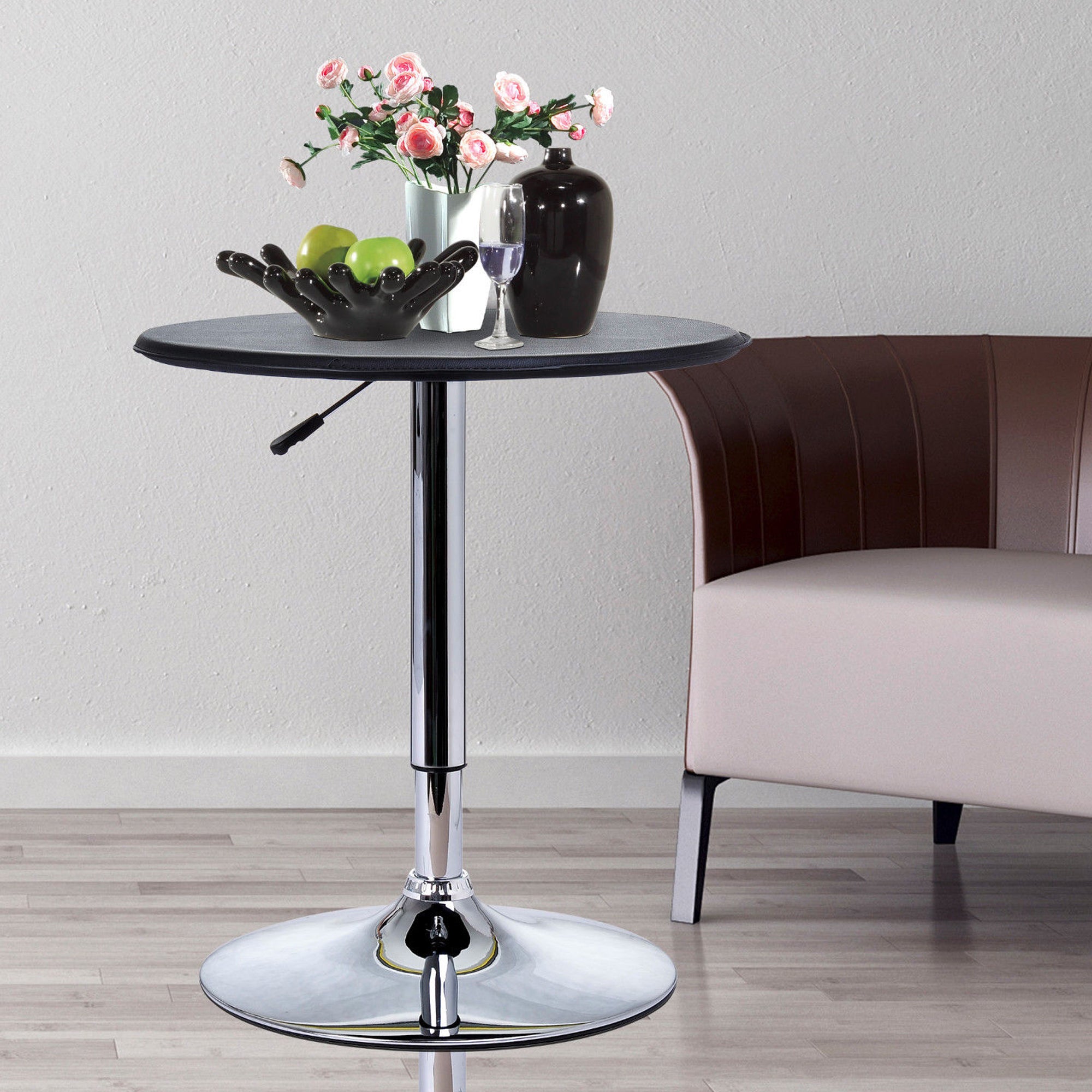 25" Classic Round Adjustable Faux Leather Chrome Standing Bistro Table, Black