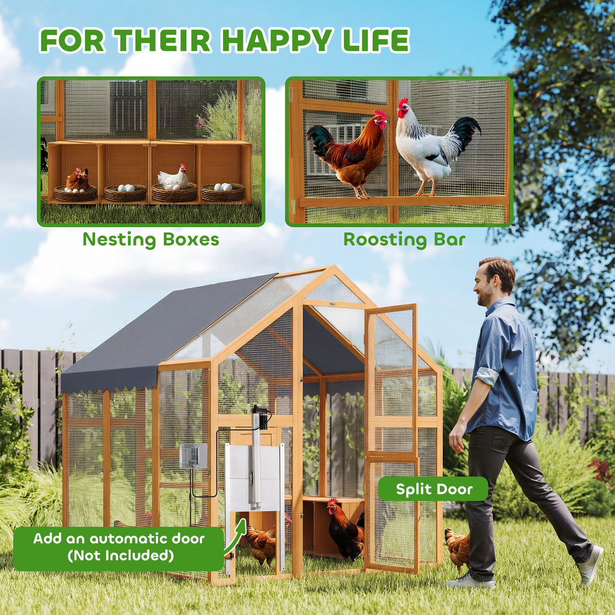 Large Wooden Chicken Run with Waterproof & Anti-UV Cover, for 6-8 Chickens, for Backyard, Farm, Yellow