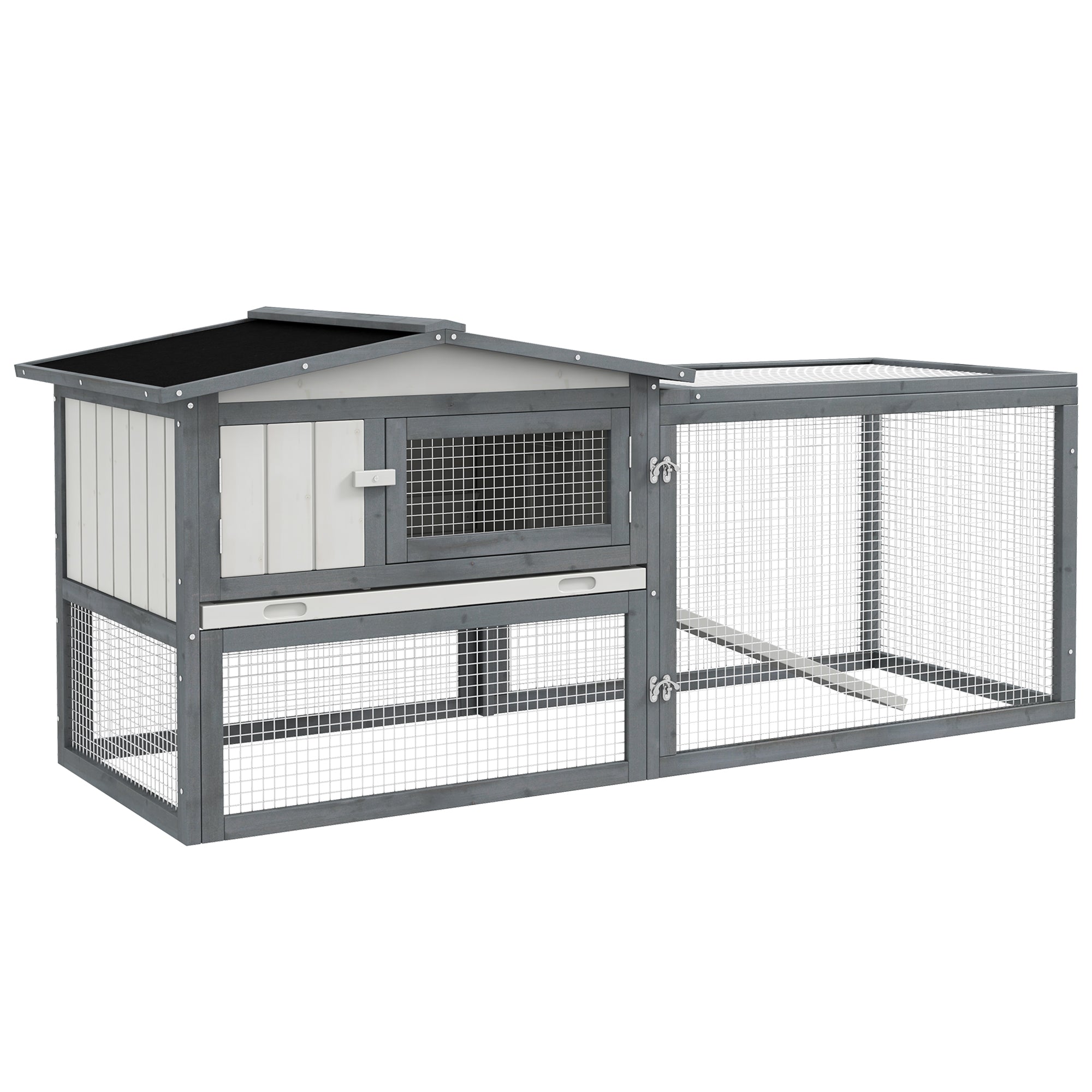 Large Rabbit Cage Outdoor 61"L Guinea Pig Hutch w/ Run Feeding Trough Removable Tray Ramp Asphalt Roof, White - White