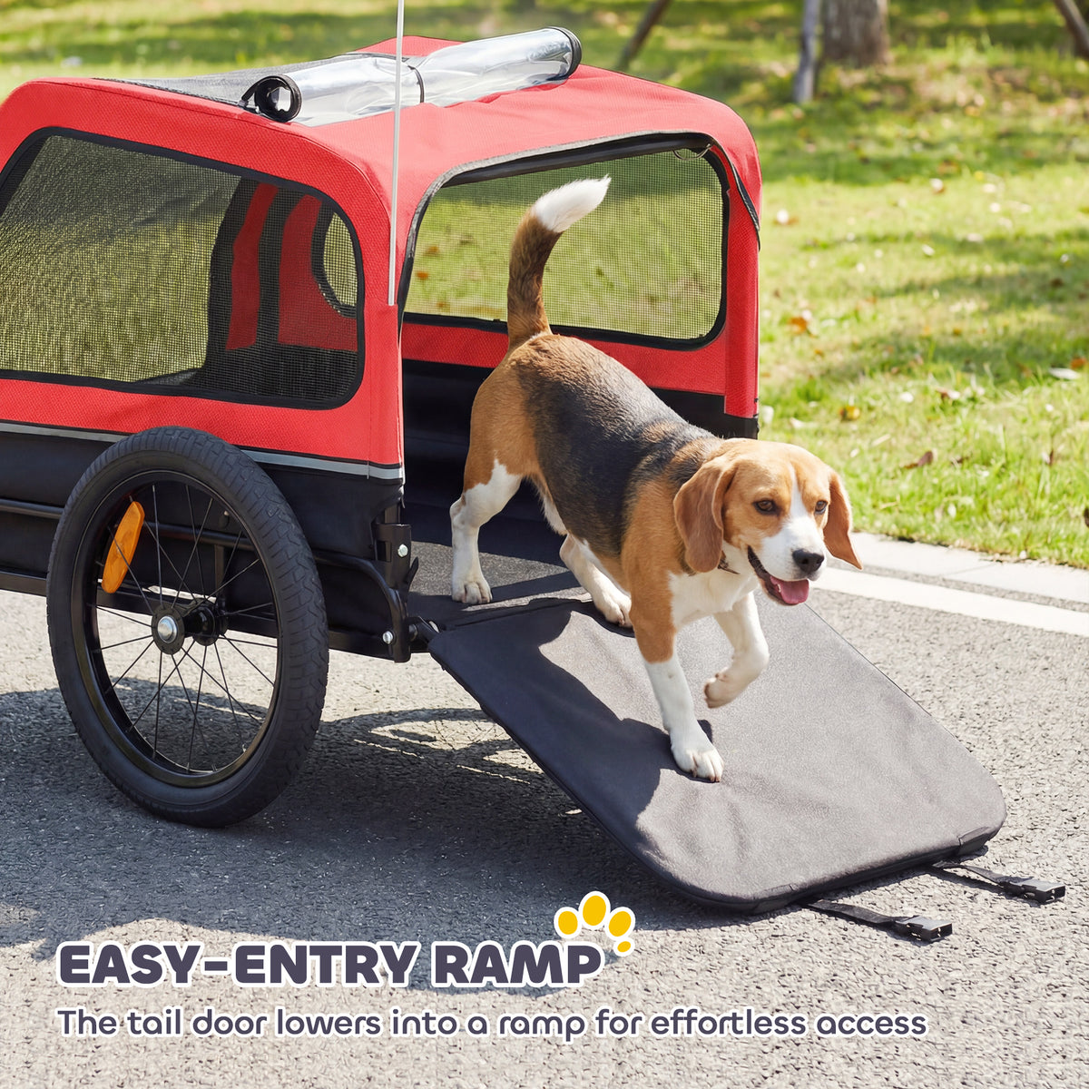Dog Bike Trailer for Small & Medium Dogs, Universal Bicycle Coupler, Flip-Down Ramp Tailgate, Red