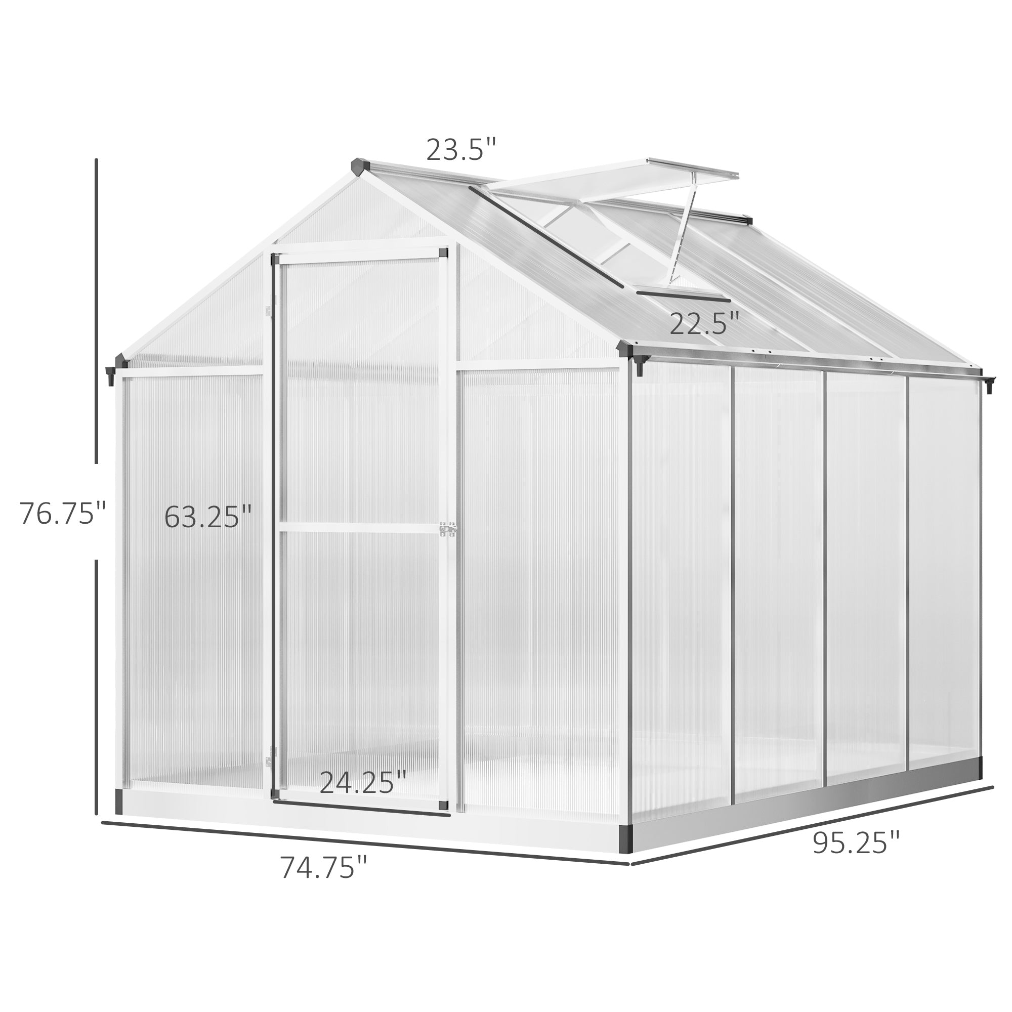8' L x 6' W Walk-In Polycarbonate Greenhouse with Roof Vent for Ventilation & Rain Gutter for Winter - Silver - Image 3