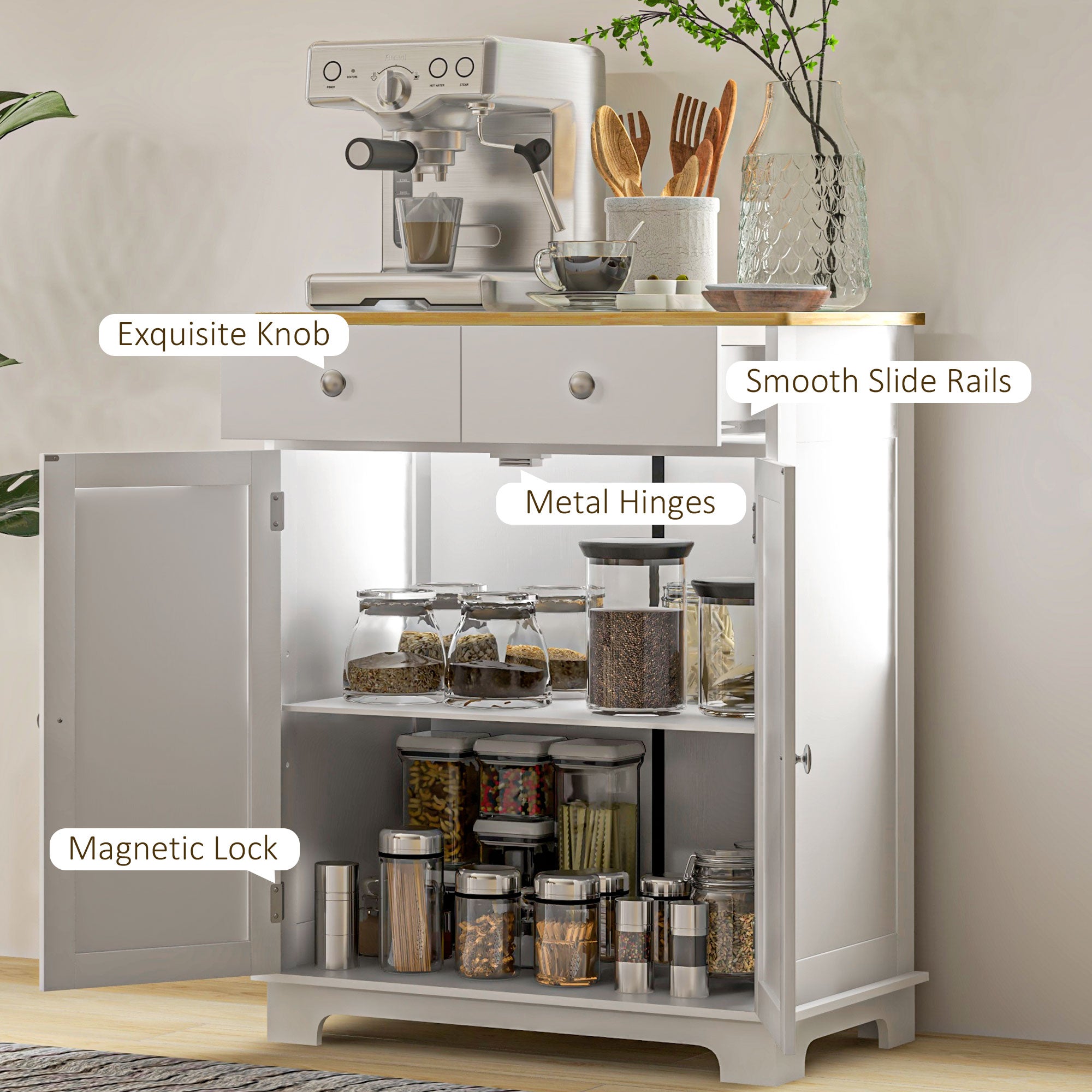 Kitchen Storage Cabinet, Sideboard Floor Cupboard with Solid Wood Top, Adjustable Shelf, and 2 Drawers, Distressed White