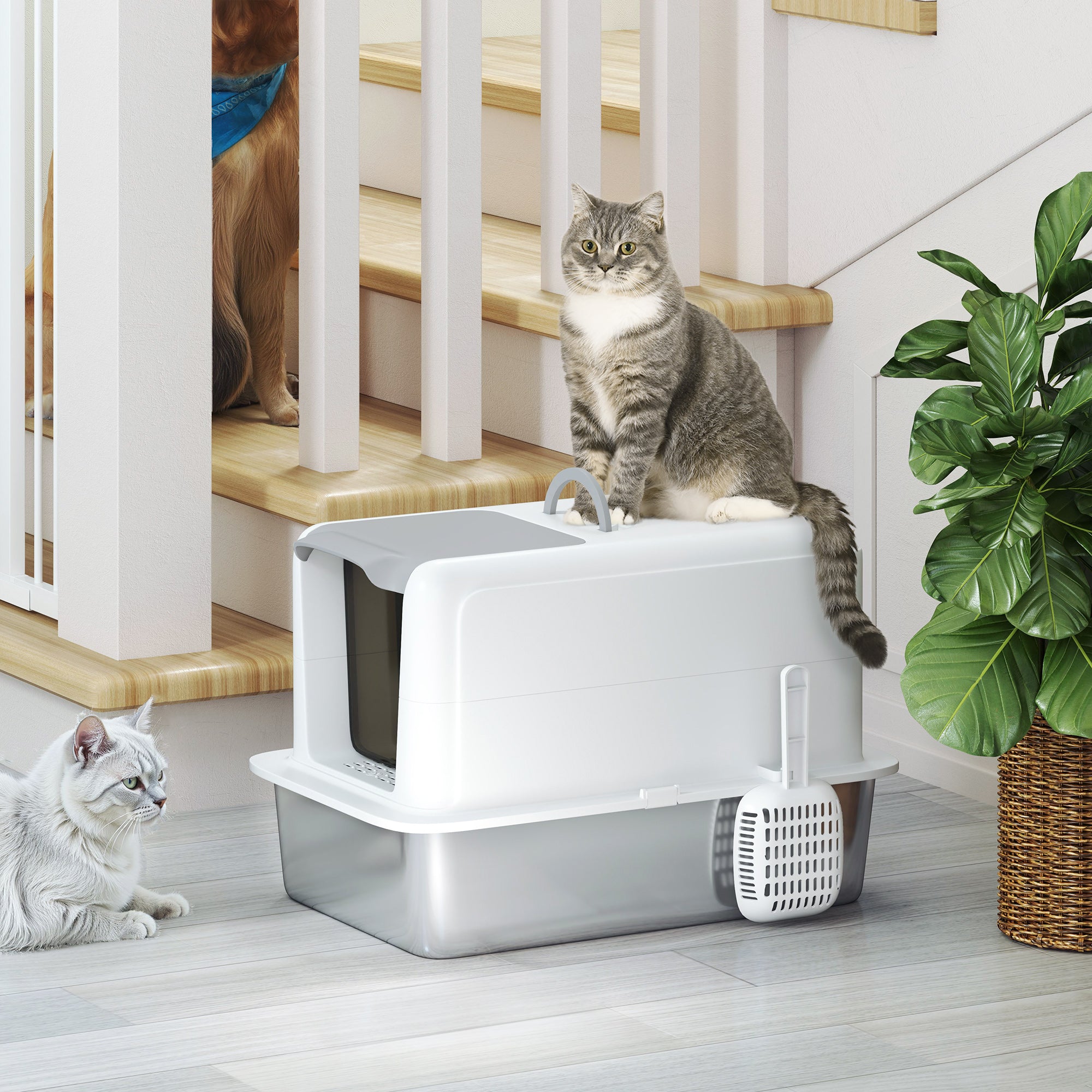 2 in 1 Stainless Steel Cat Litter Box with Removable Lid, Scoop, Filter Bags, for Small to Large Cats, White - White - Image 8