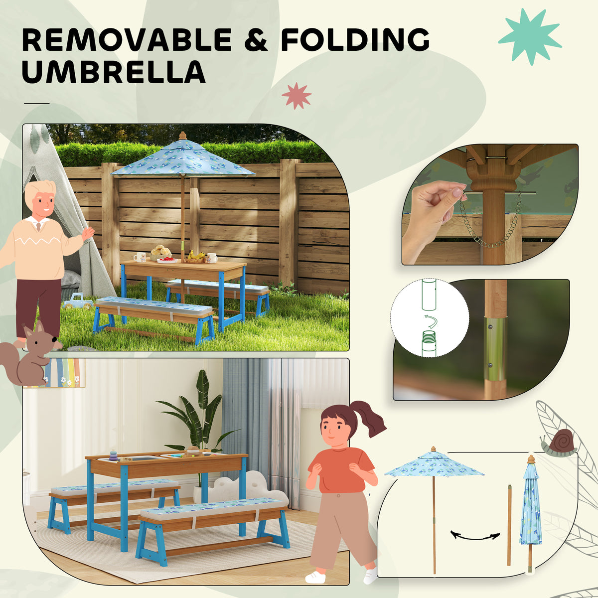 Qaba Kids Picnic Table Set with Foldable Umbrella, Removable Cushions & Boxes, Dinosaur Theme, Blue