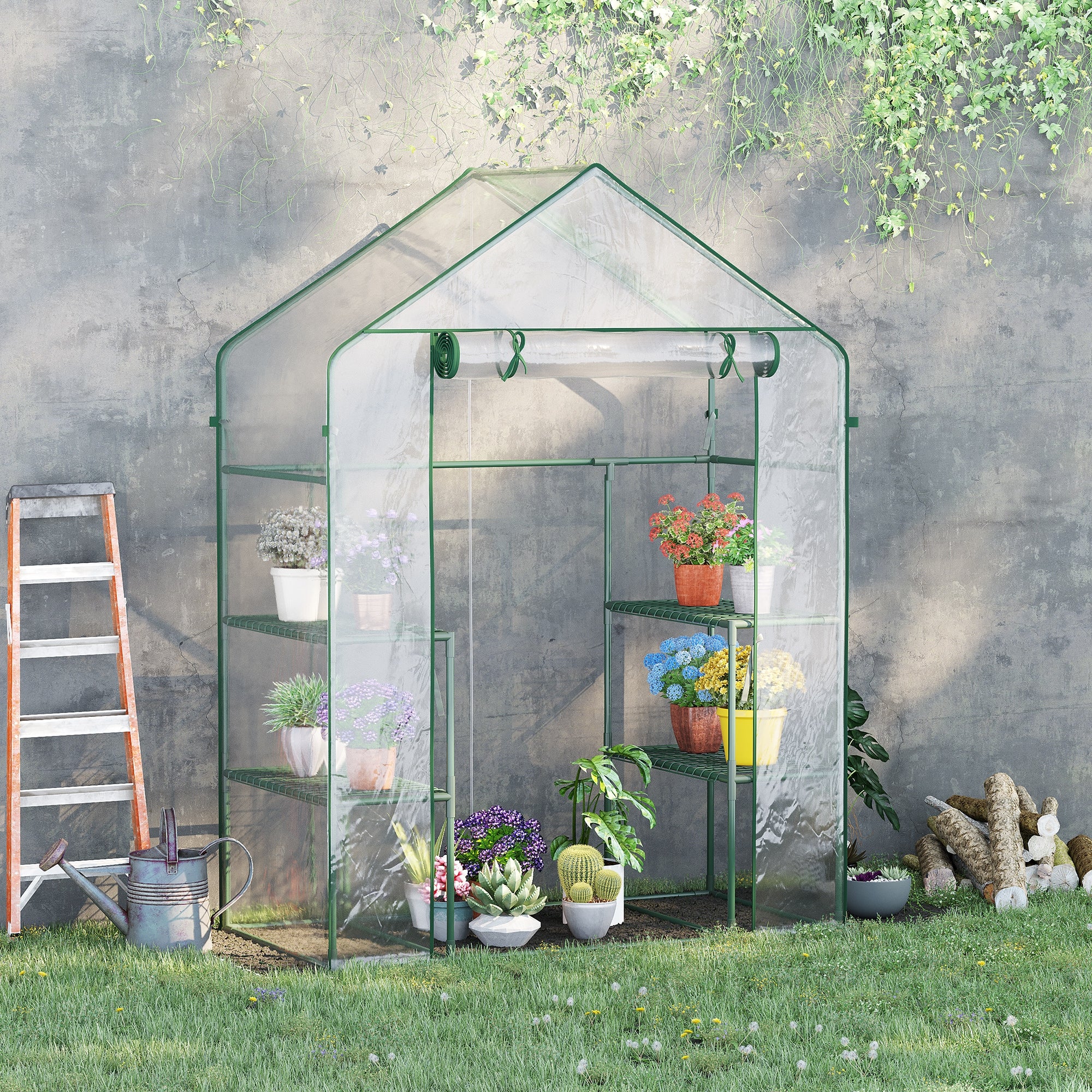 5' x 2.5' x 6.5' Mini Walk-in Greenhouse Kit, Portable Green House with 3 Tier Shelves, Roll-Up Door, and Weatherized Plastic Cover for Backyard Garden, Clear - Clear - Image 2