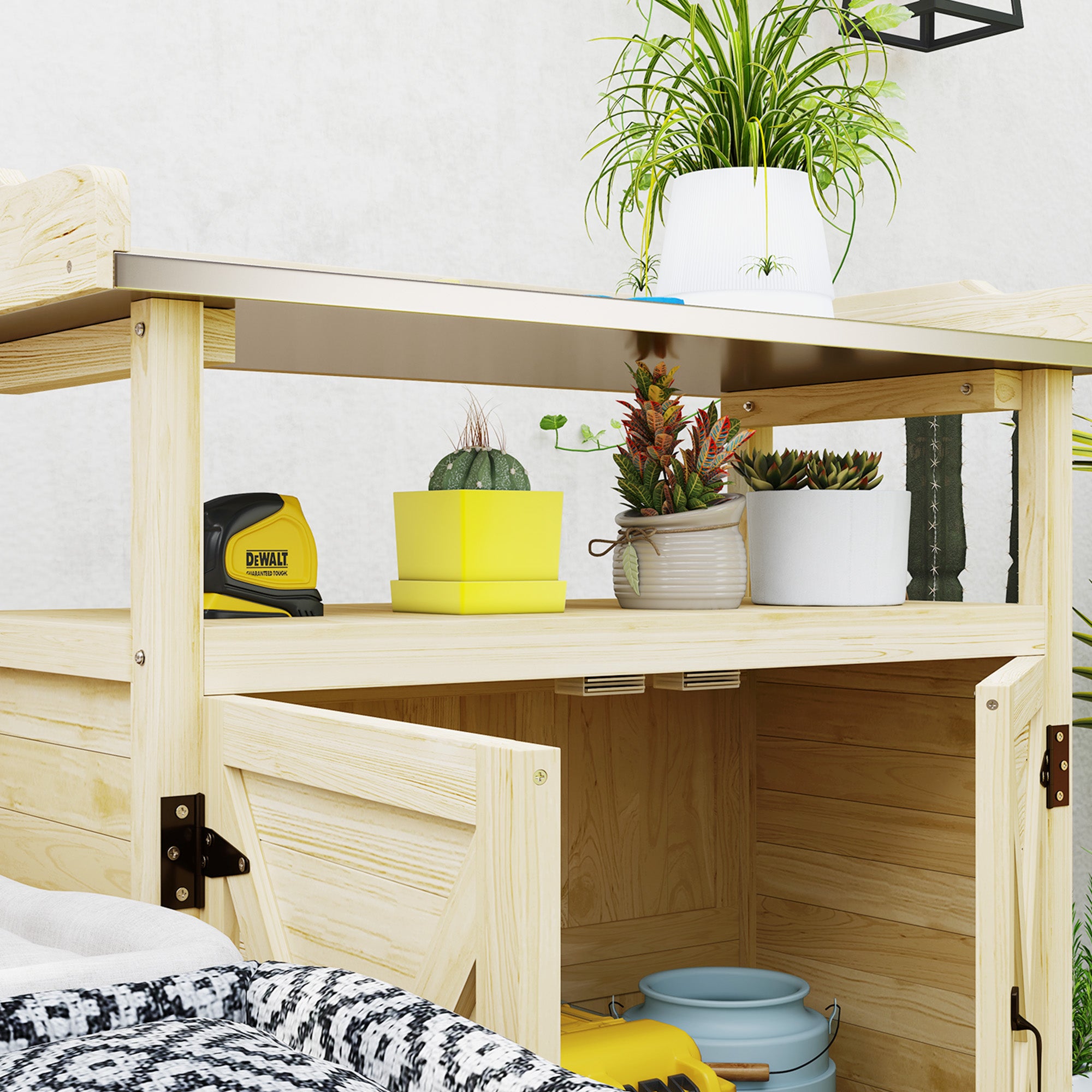 Outdoor Wooden Potting Bench with Storage Cabinet, Aluminum Tabletop, Rubber Wheels for Backyard, Patio, Natural Wood - Natural Wood - Image 7