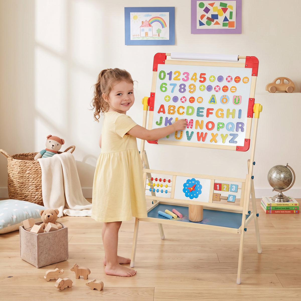 Art Easel for Kids, 360° Rotating Double Sided Kids Easel with Magnetic Whiteboard, Chalkboard, Storage Box, Natural