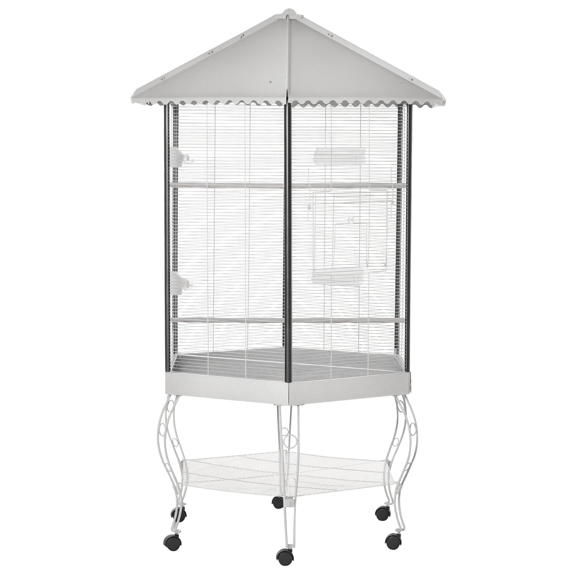 77" Flight Bird Cage Hexagon Covered Canopy Portable Aviary With Storage - White
