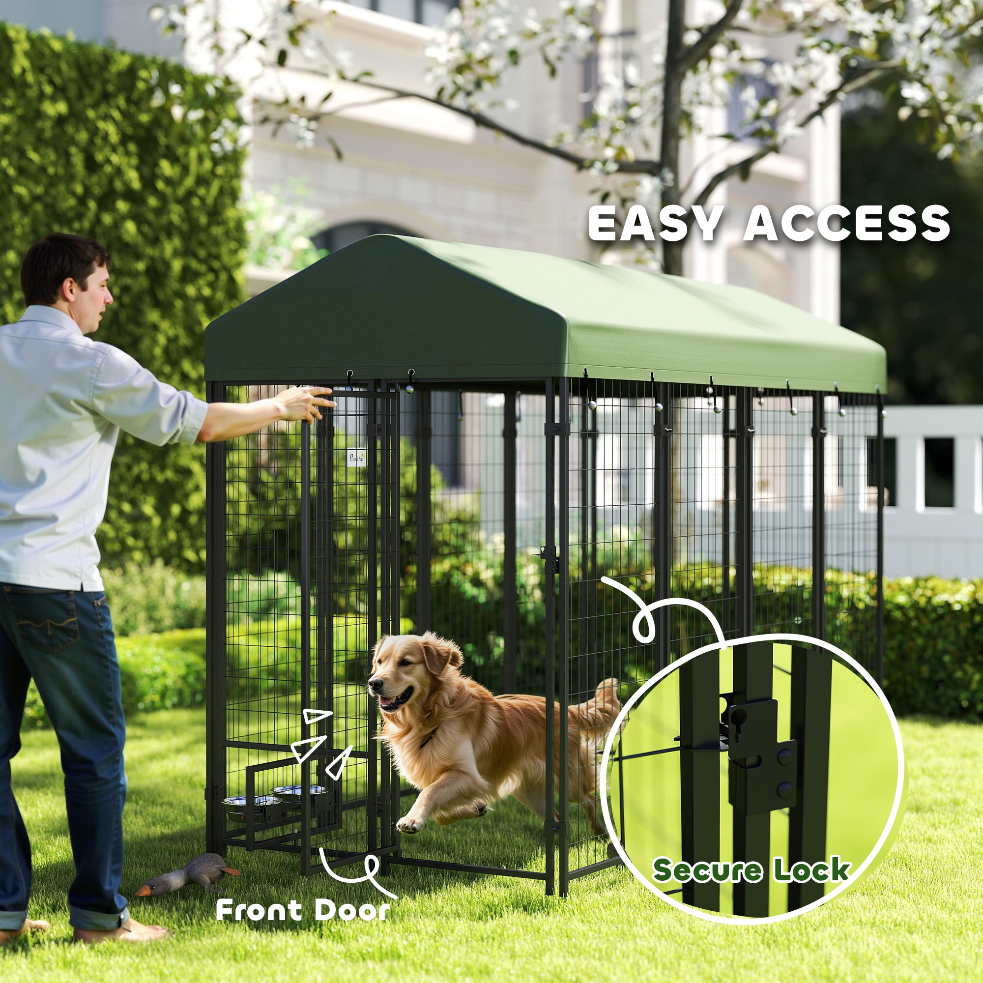 Outdoor Dog Kennel with Rotating Bowl Holders, Pet Playpen with Waterproof Cover, 8' x 4' x 6', Green - Green - Image 6