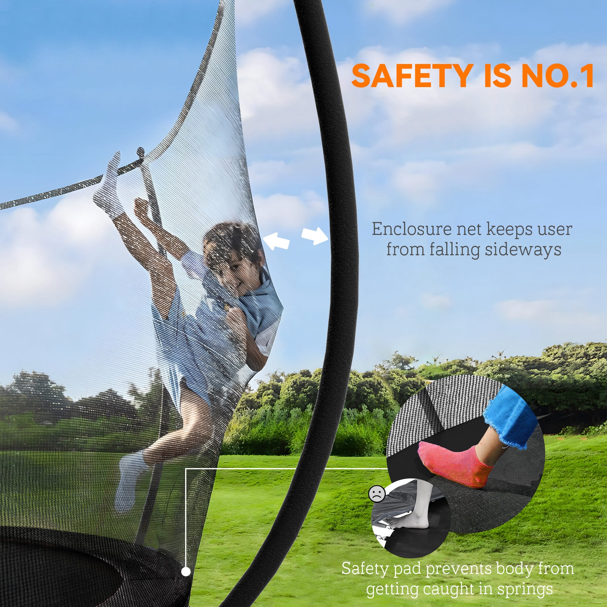 8ft Outdoor Trampoline with Net Enclosure, Curved Poles and Safety Pad, ASTM Approved, Black