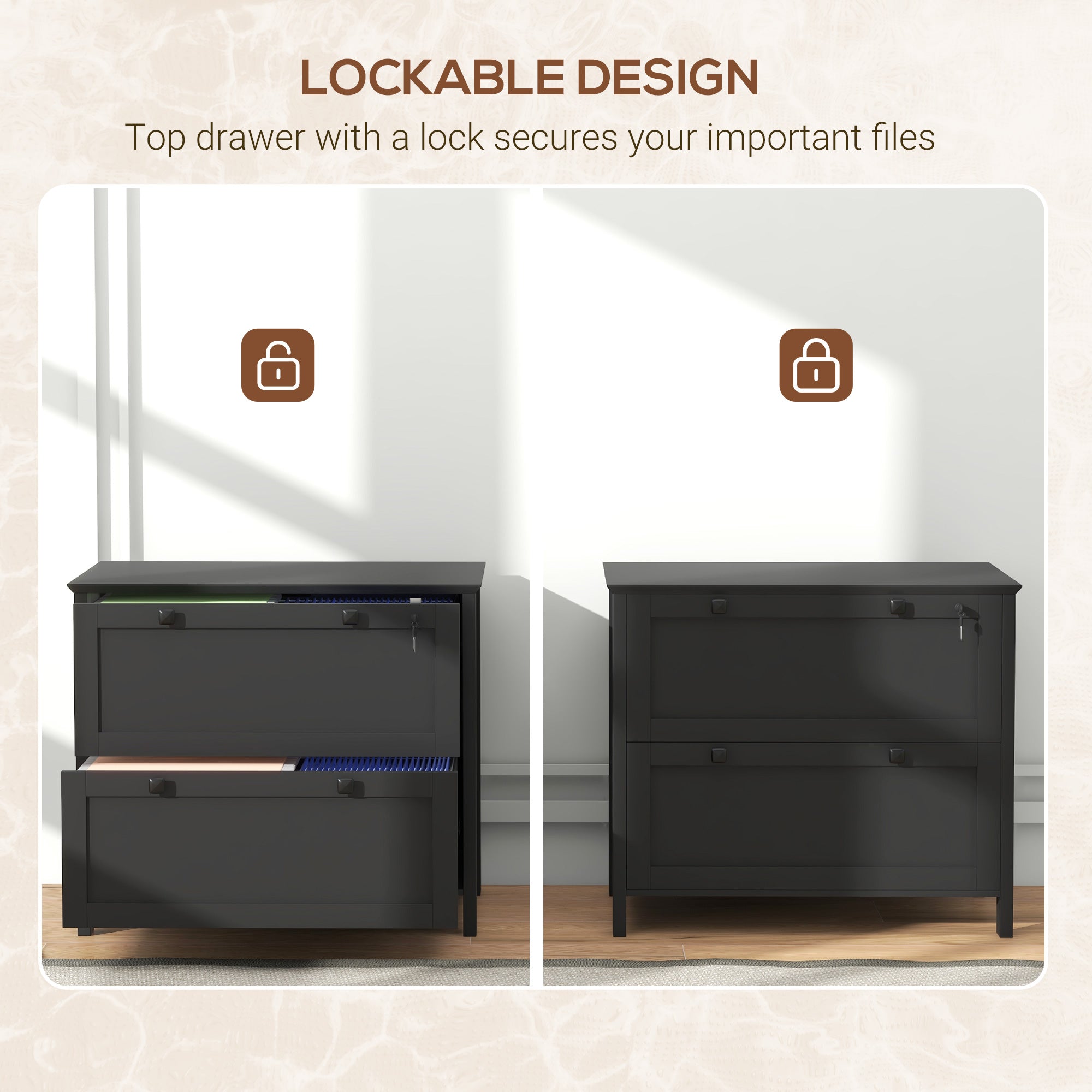 Lateral File Cabinet, 2 Drawer Filing Cabinet with Adjustable Hanging Bar for Letter, A4 and Legal Size, Black
