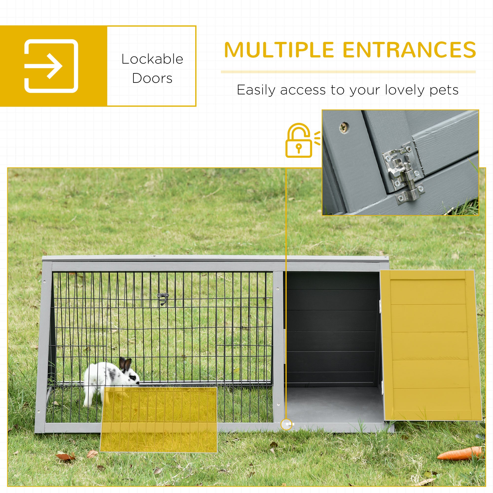 46" x 24" Wooden A-Frame Outdoor Rabbit Hutch, Small Animal Cage, Bunny Hutch with Outside Run & Ventilating Wire, for Rabbits, Chickens, Ducks, Gray - Grey - Image 5