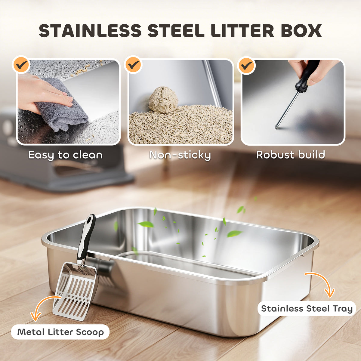 Stainless Steel Cat Litter Box with Flip Lid, XXL Enclosed Litter Box, High Sided, Step, Metal Scoop, 2 Deodorizing Bags