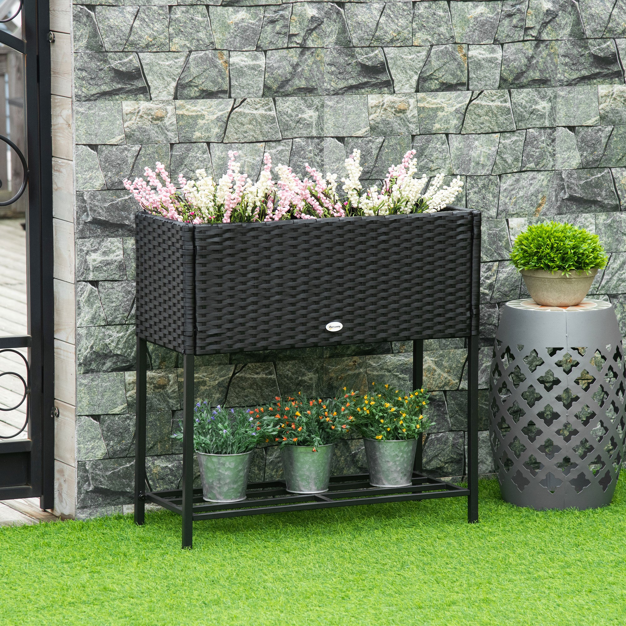 PE Rattan Wicker Raised Flower & Vegetable Planter, Rack Shelf Box - Black - Image 2