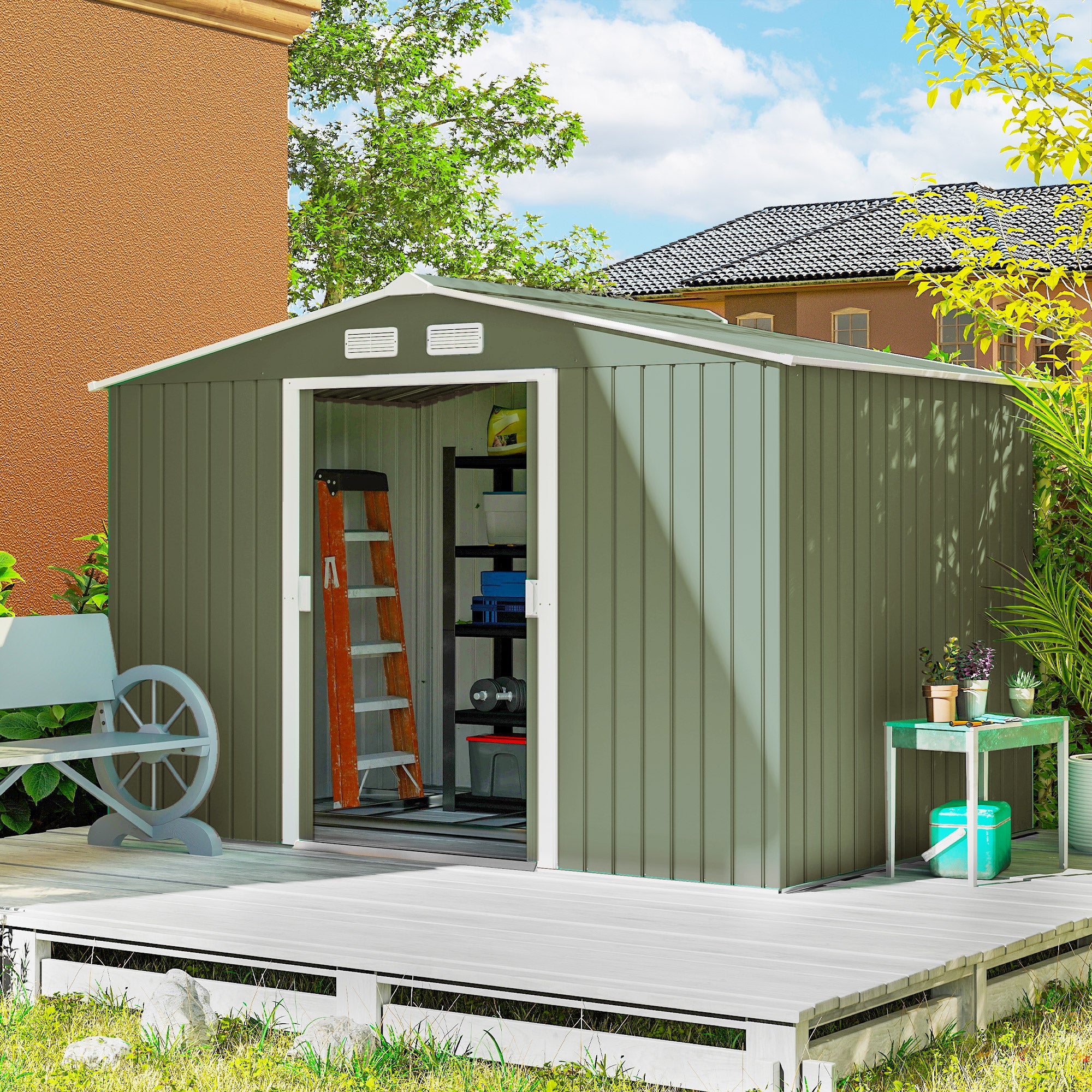 9' x 6' Outdoor Storage Shed, Garden Tool Metal Shed with Foundation Kit, Double Lockable Door, Air Vents and Sloping Roof, for Backyard, Patio, Lawn, Green - Green - Image 2