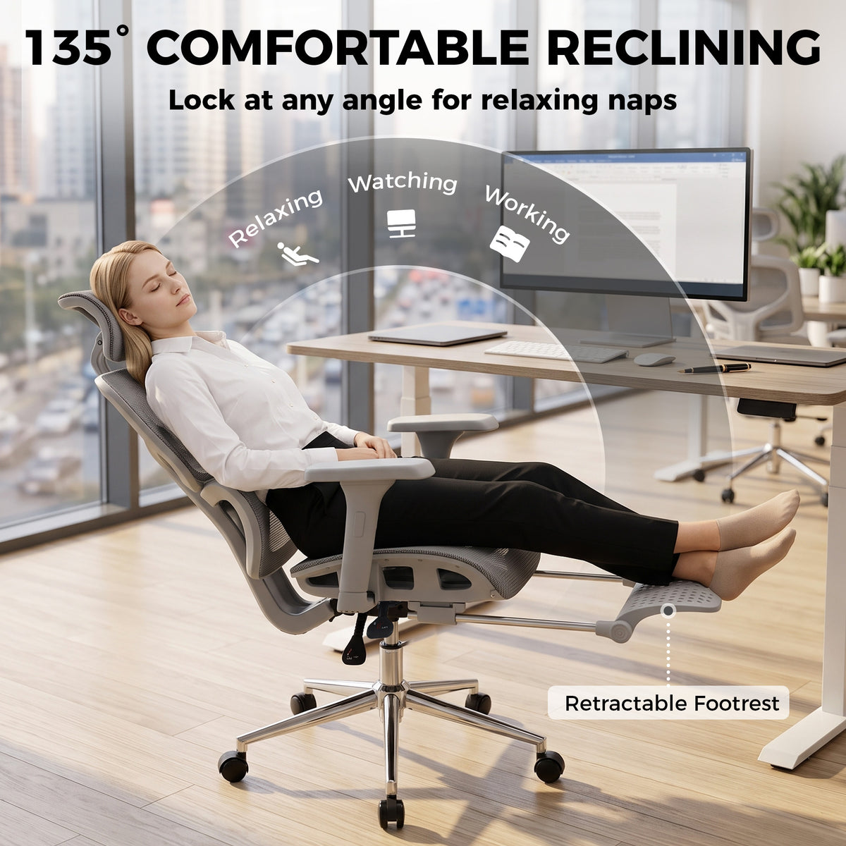 Ergonomic Office Chair with Lumbar Support, 2D Headrest, Mesh Reclining Desk Chair with Footrest, Swivel Wheels, Gray