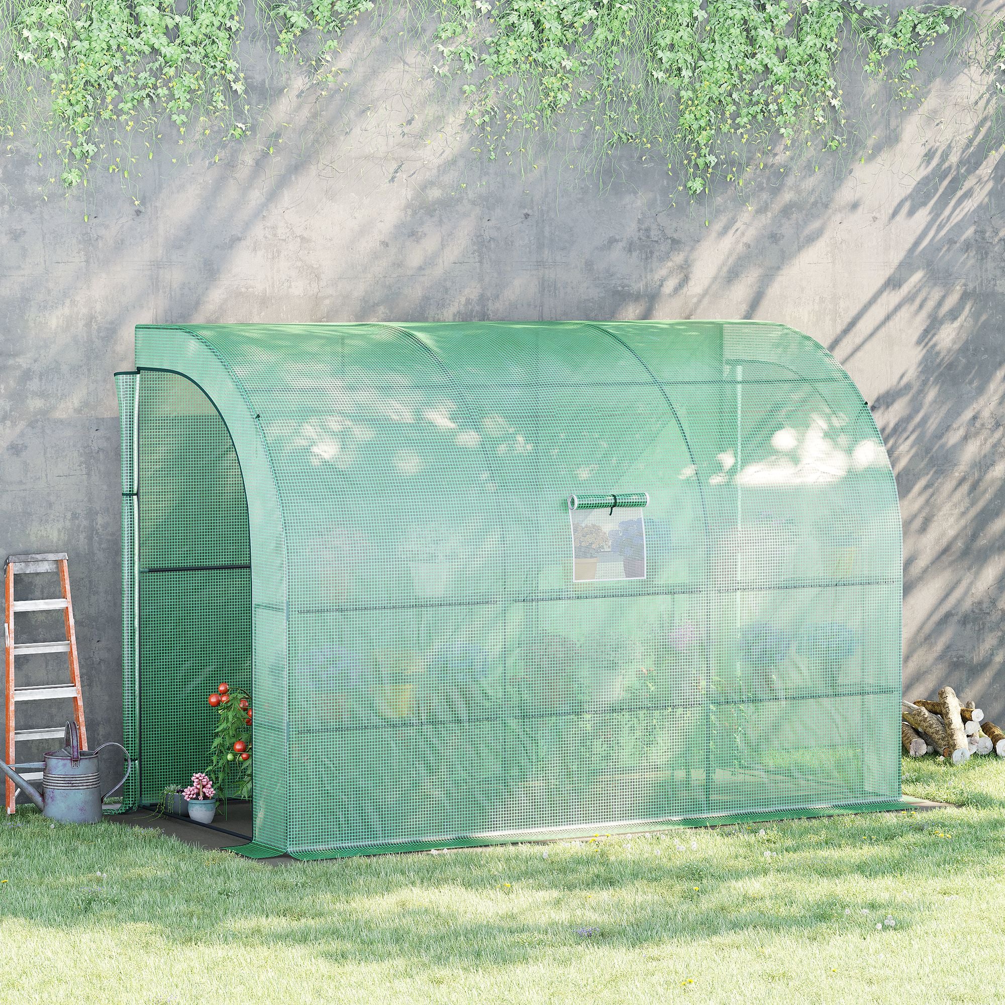 10' x 5' x 7' Lean to Greenhouse, Walk-In Green House, Plant Nursery with 2 Roll-up Doors and Windows, PE Cover and 3 Wire Shelves, Green - Green - Image 2