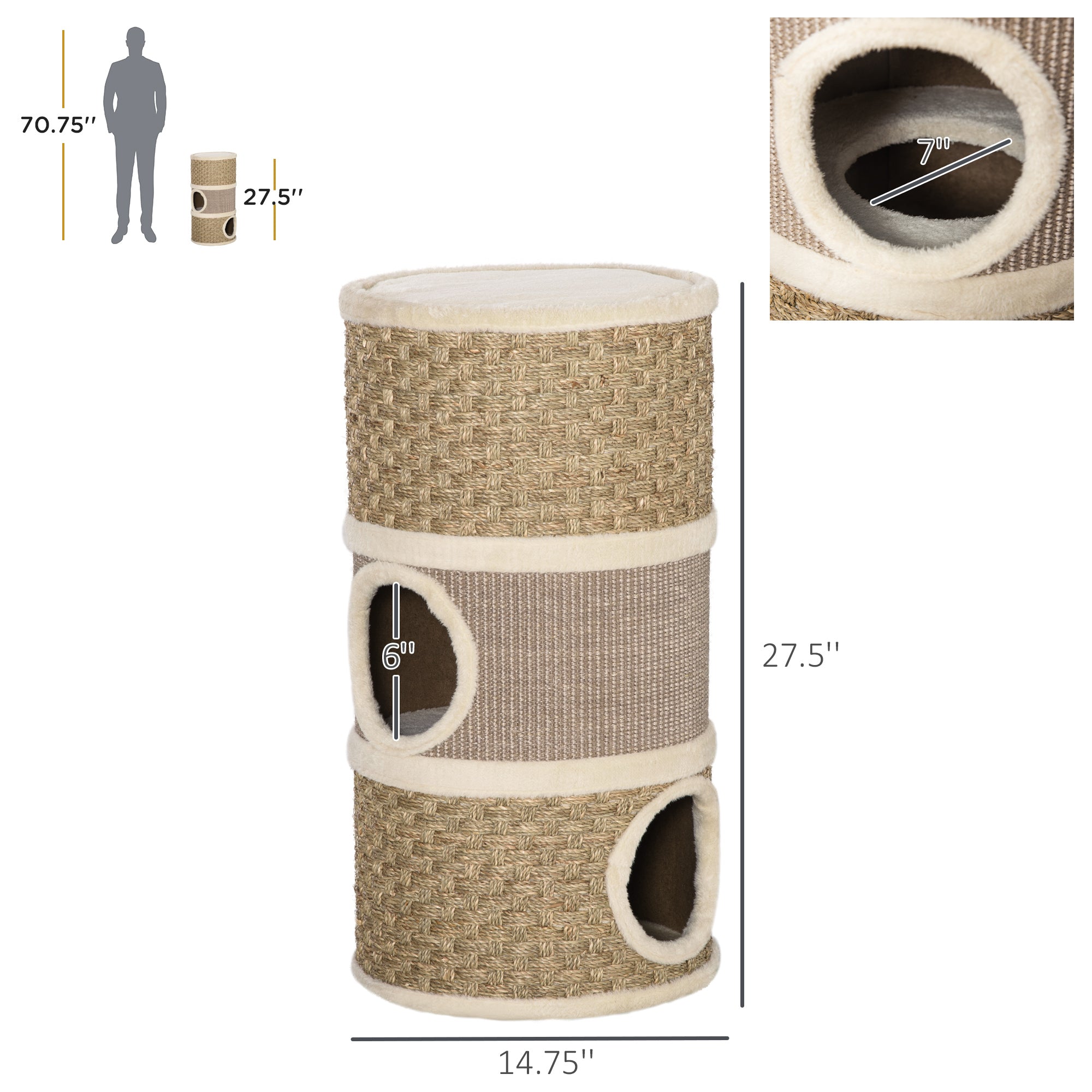 28 Inch Cat Condo, 3 Story Cat Hideaway with Sisal Scratching Pad - Khaki - Image 3