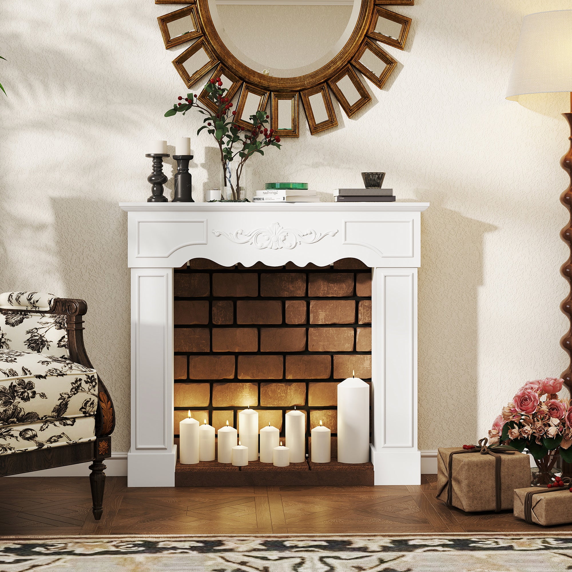 Baroque Fireplace Mantel, Freestanding Fireplace Surround with Leg for Electric Fireplaces, 43.3" W x 39.8" H, White