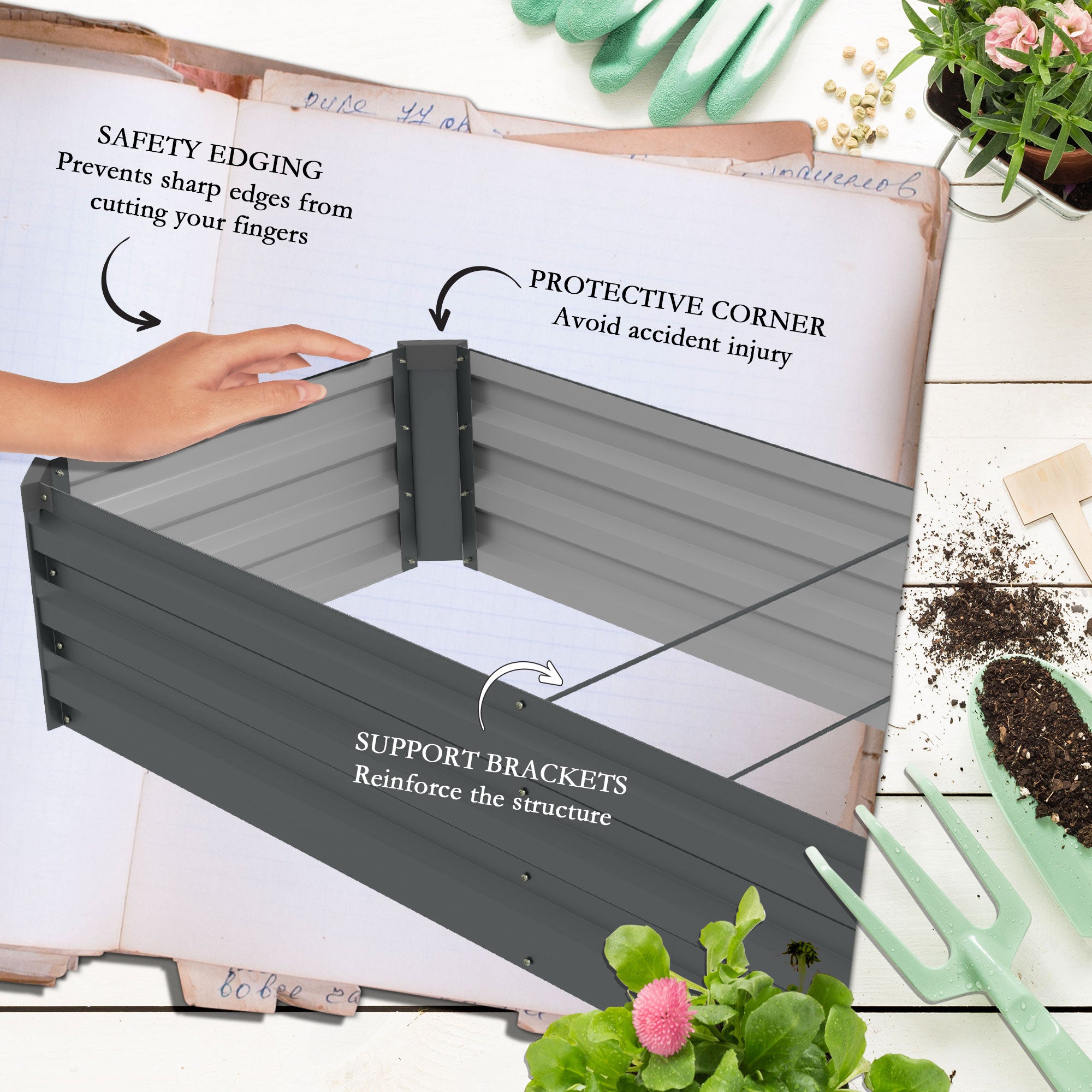 8x2x1ft Galvanized Raised Garden Bed Kit with Safety Edging for Flowers, Herbs and Vegetables, Dark Gray - Dark Gray - Image 6