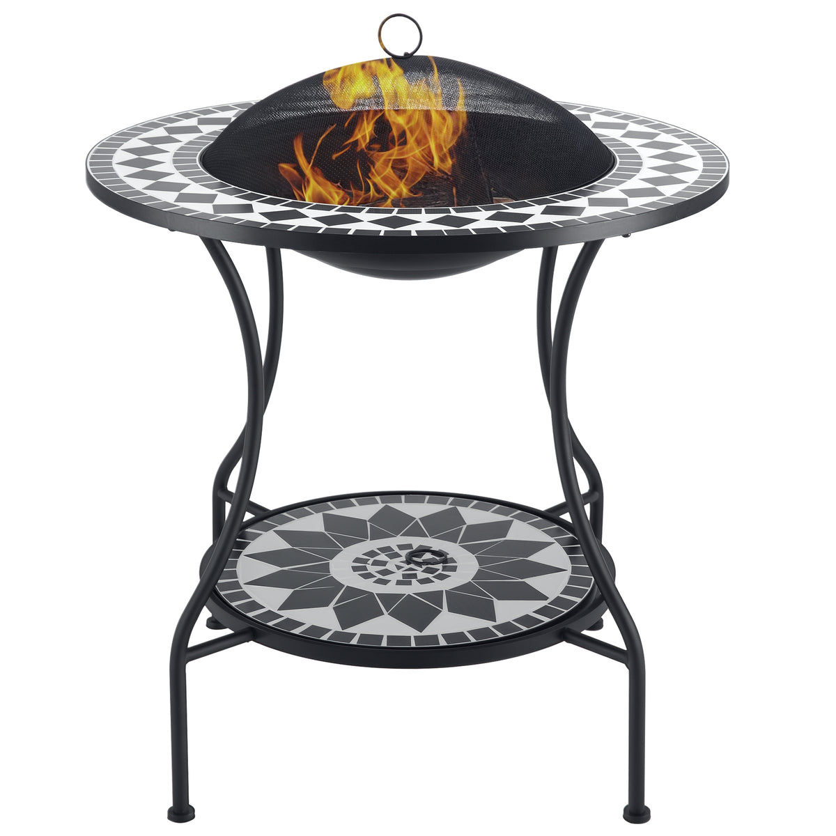 30" Outdoor Fire Pit Dining Table, 3-in-1 Round Wood Burning Fire Pit Bowl, Patio Ice Bucket with Storage Shelf
