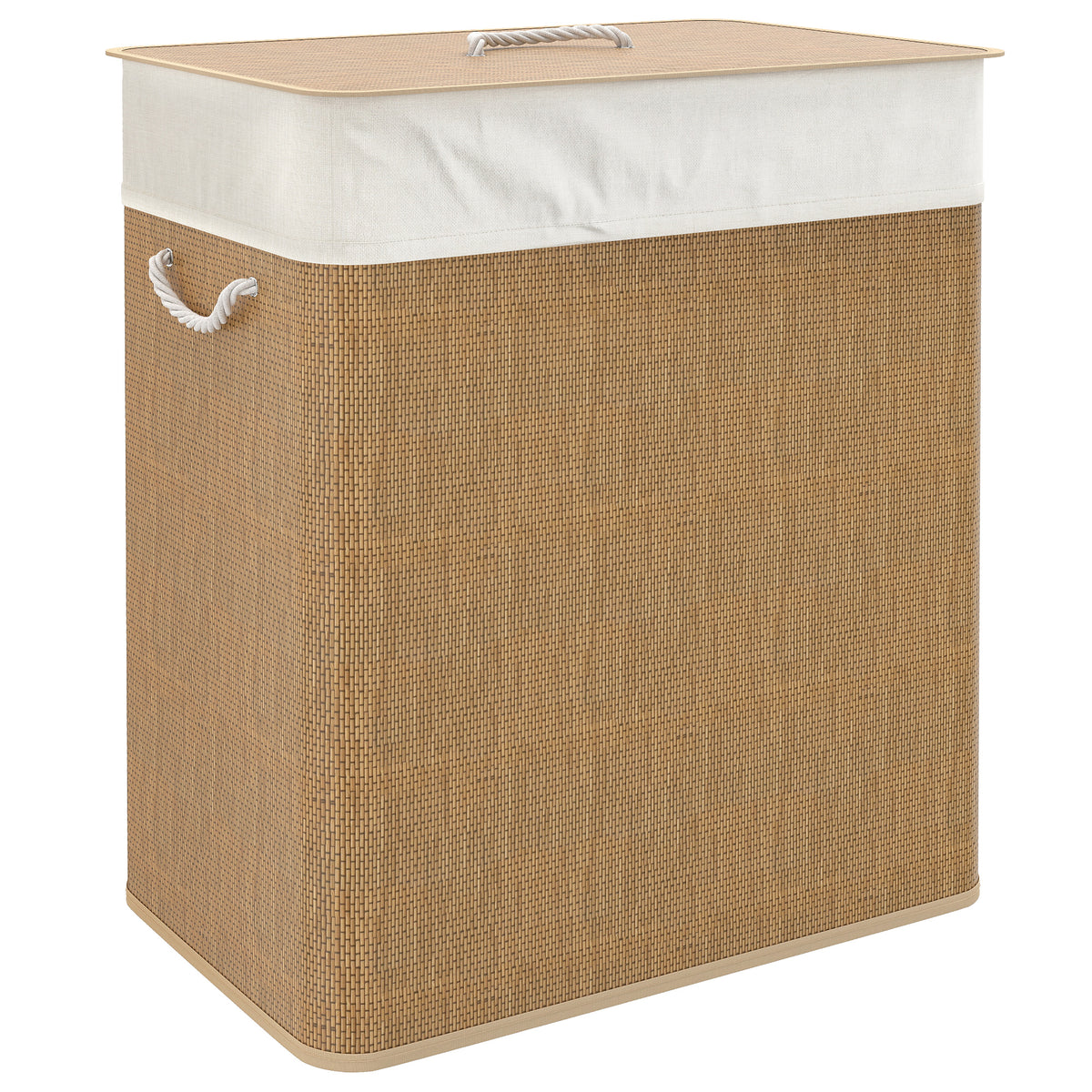 Double Laundry Basket with Lid, 26.4 Gallon Bamboo Laundry Hamper with Rope Handles and Removable Liner, Brown