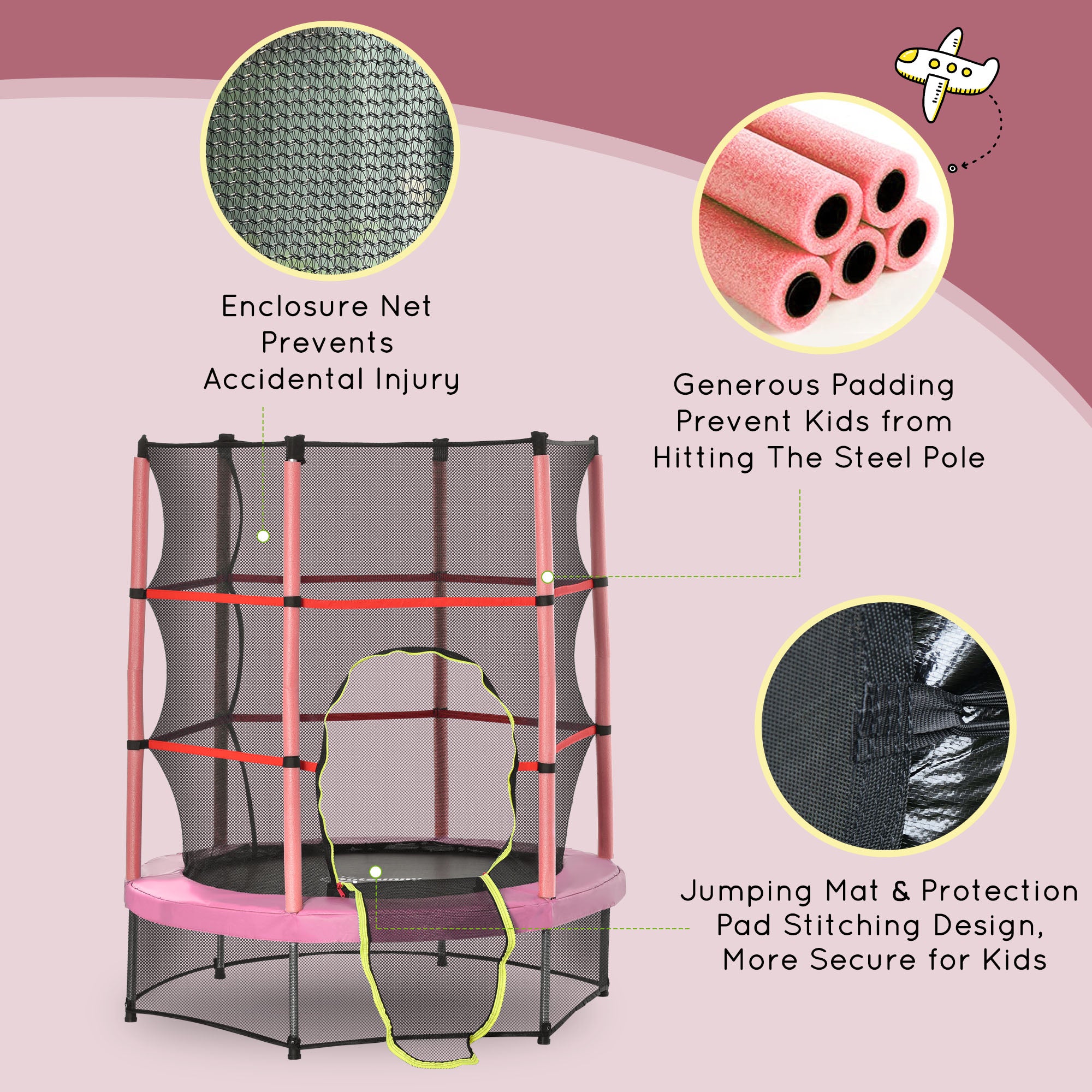 Φ5FT Kids Trampoline with Enclosure Net for Age 3 to 6 Years Pink